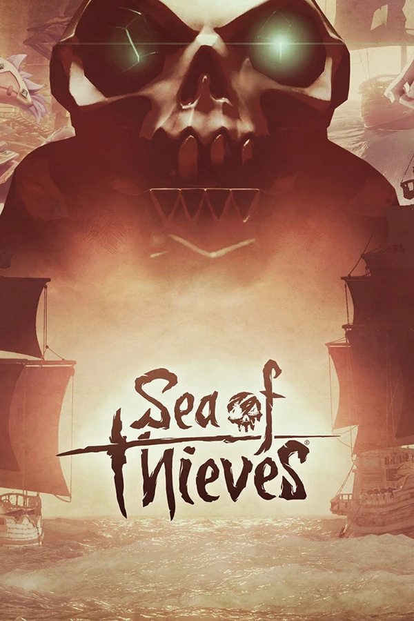 Official Sea of Thieves game poster with a skull-shaped cloud, pirate ships and the native title logo.