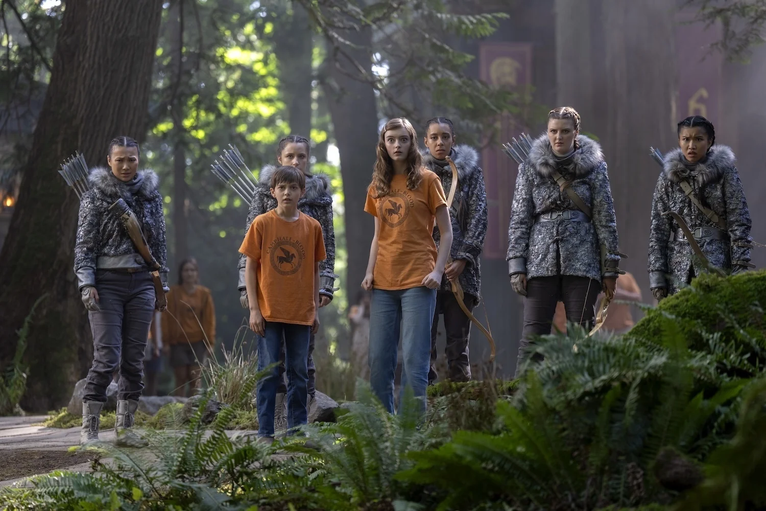 Nico di Angelo and Bianca di Angelo stand with the Hunters of Artemis in Percy Jackson and the Olympians Season 3.