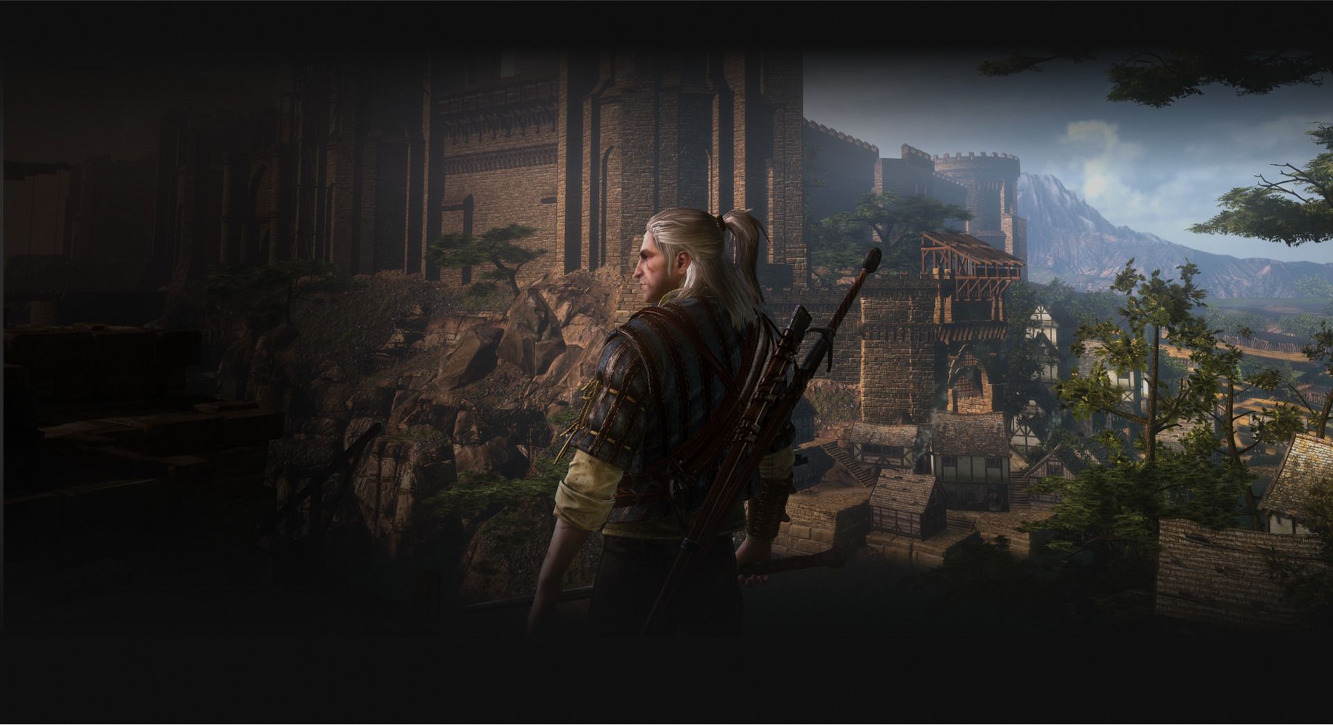 Geralt looks toward a fortified settlement from a high viewpoint.