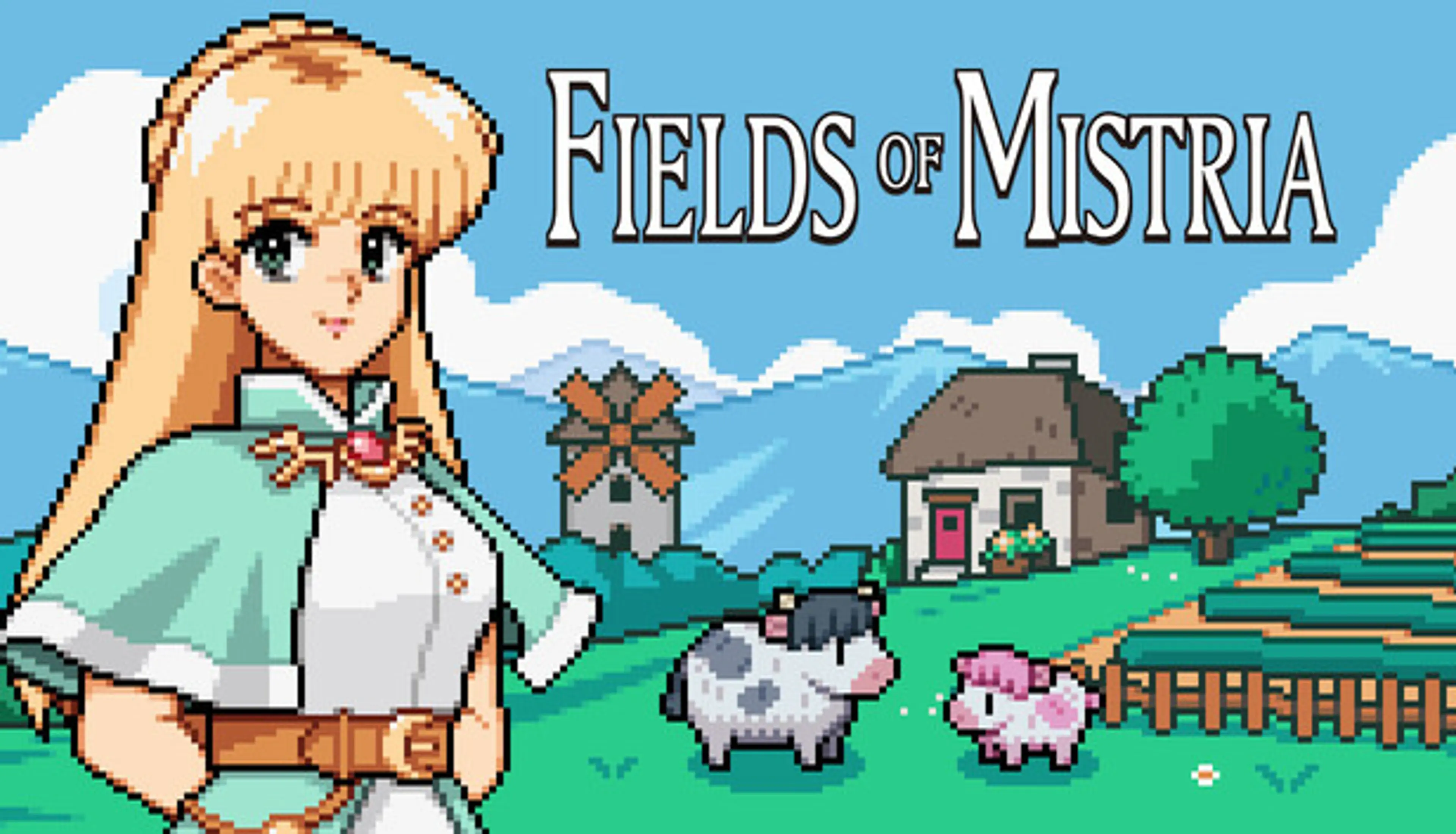 Official Fields of Mistria artwork with a villager, farm animals and the game title.