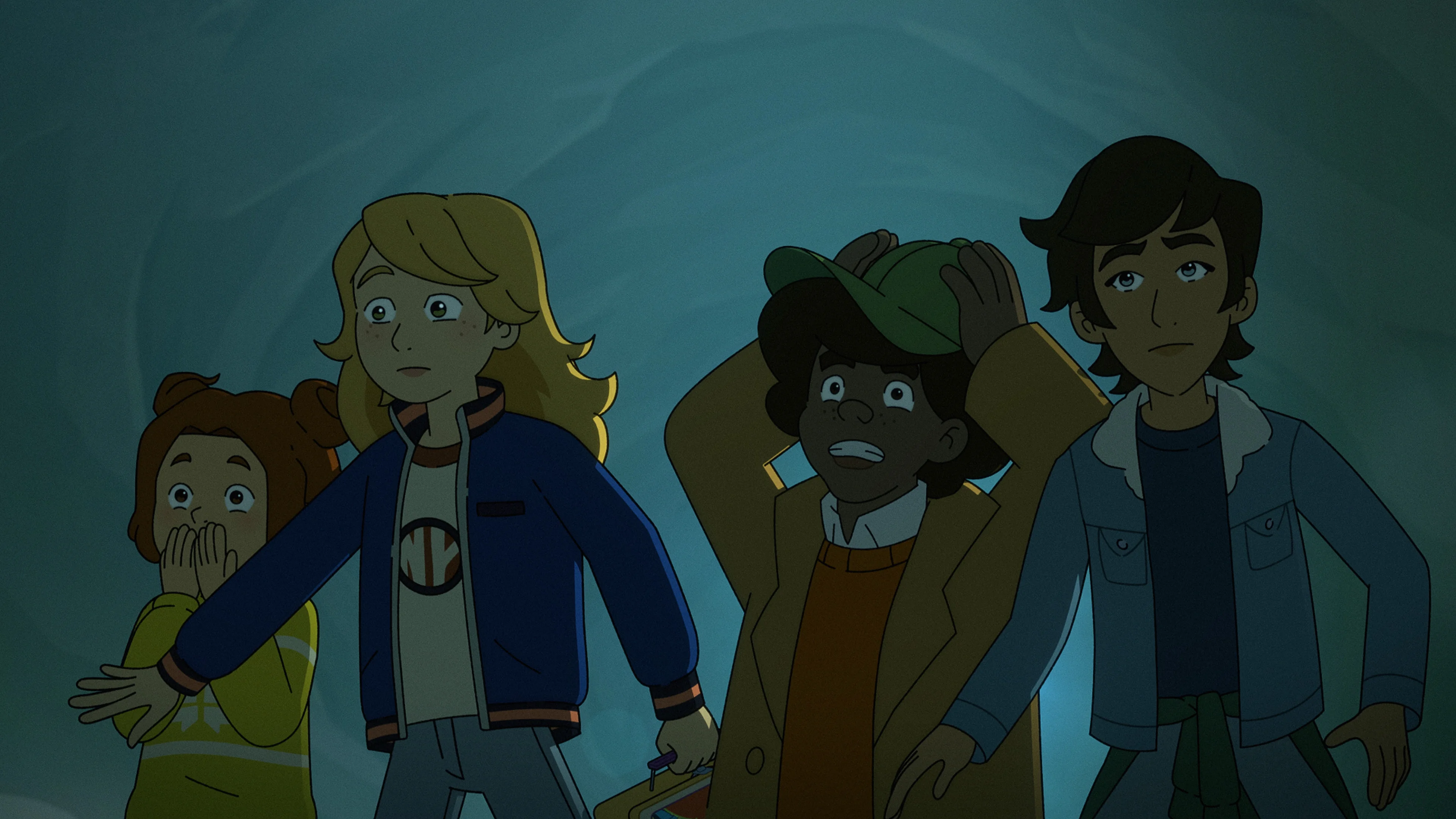 Sabrina, Daphne, Puck and Wendell react to something off-screen in The Sisters Grimm.