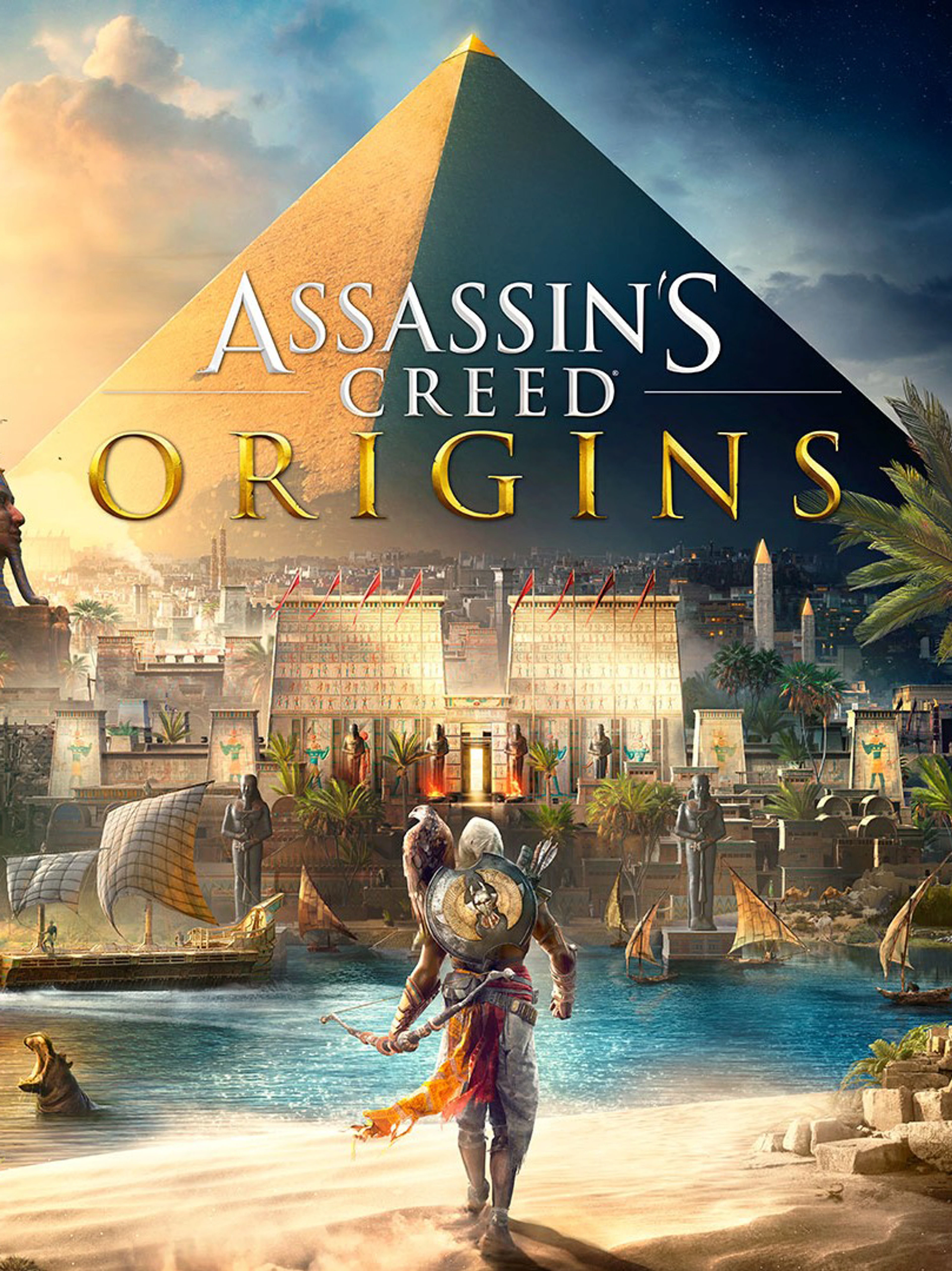 Official Assassin’s Creed Origins cover with Bayek in ancient Egypt beneath the original game logo.