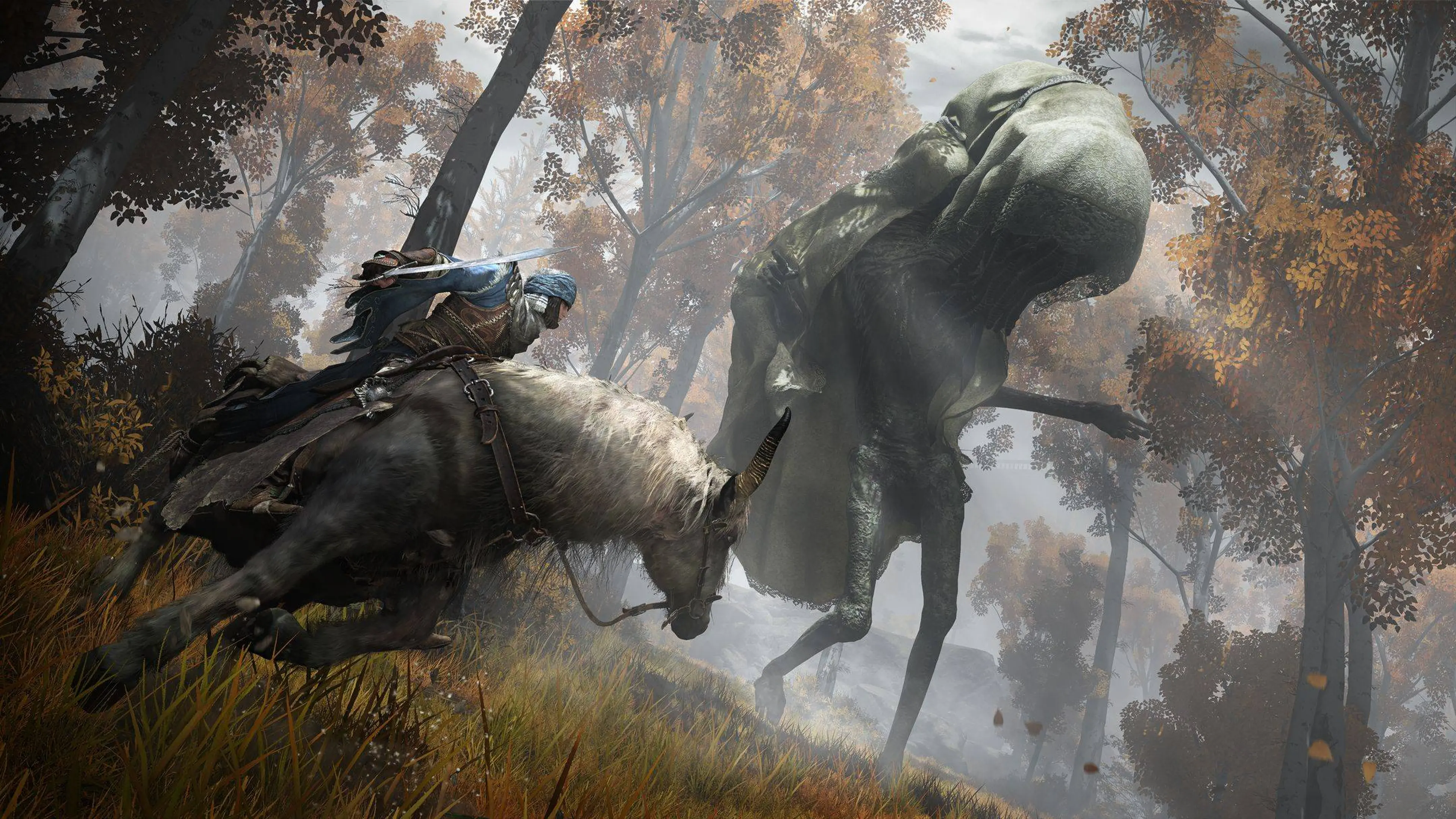 A mounted Tarnished attacks a giant troll in an autumn forest in Elden Ring.