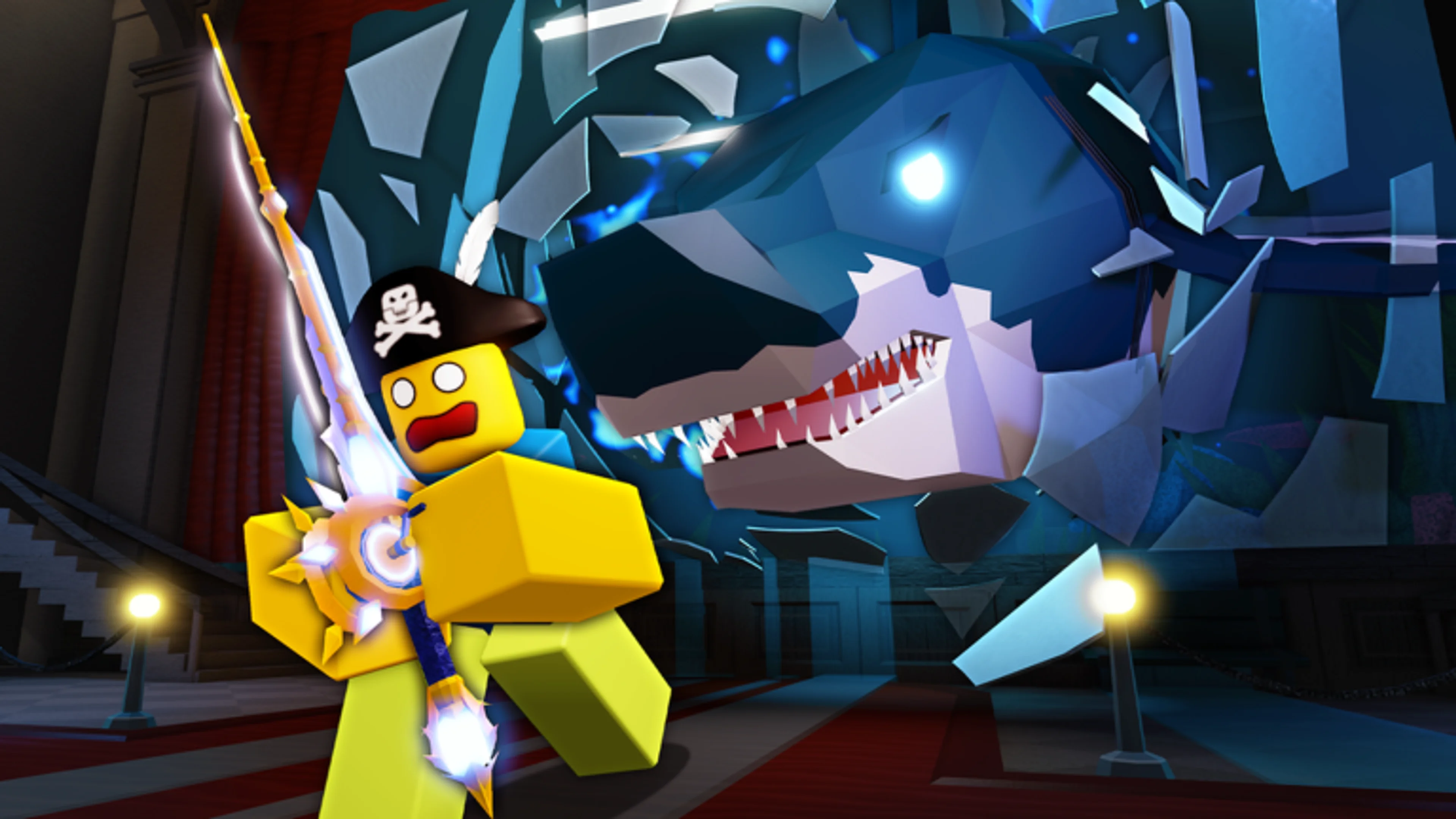 A Fisch player holding a glowing fishing rod beside a large sea creature