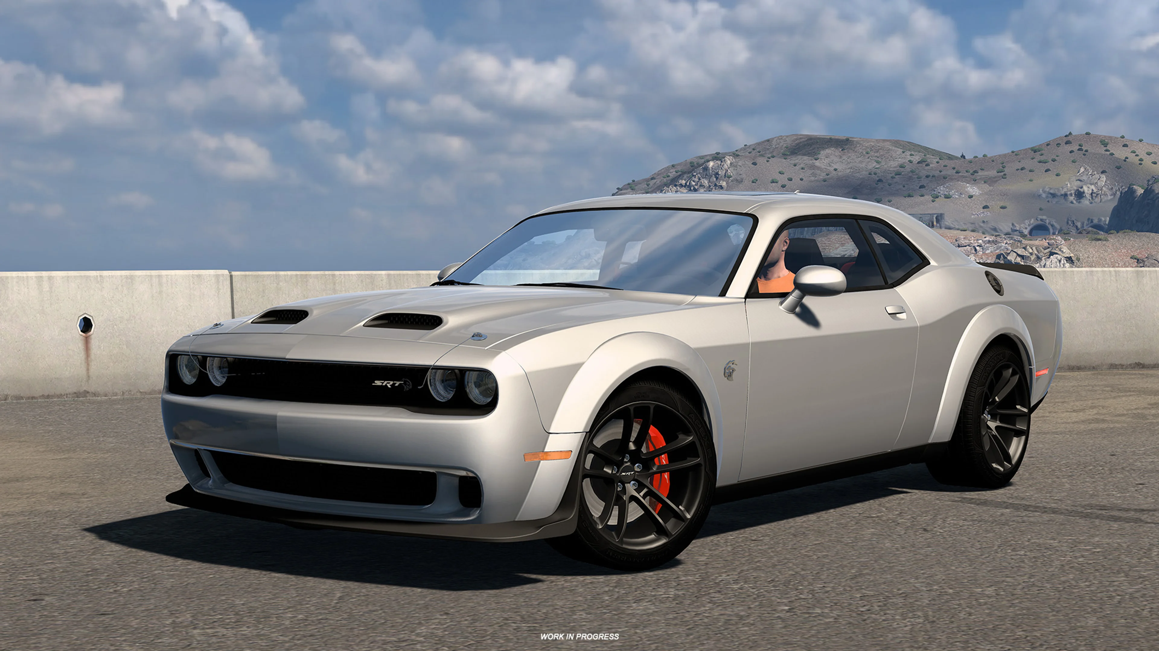 A white Dodge Challenger drives on a road in official American Truck Simulator Road Trip artwork.