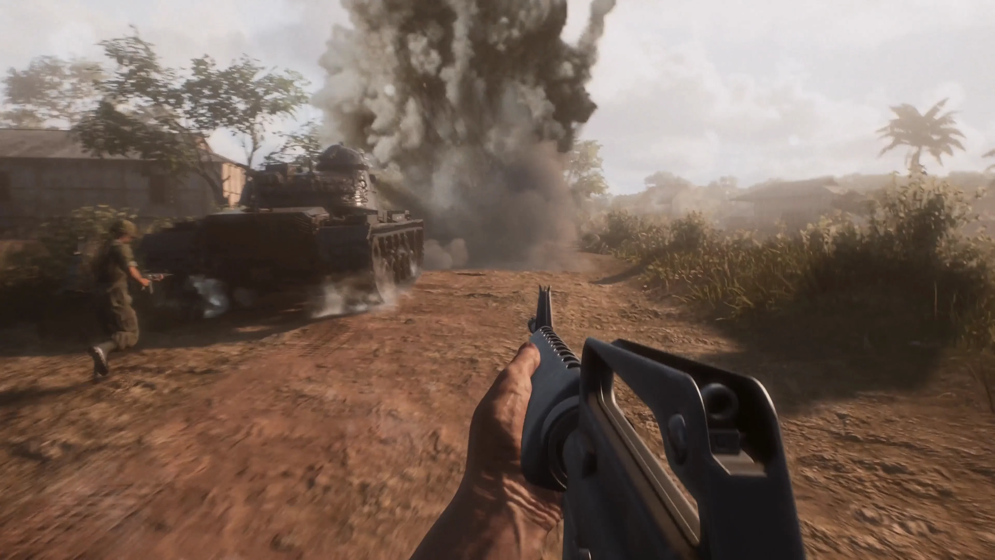 A tank and infantry moving through a battle in Hell Let Loose Vietnam