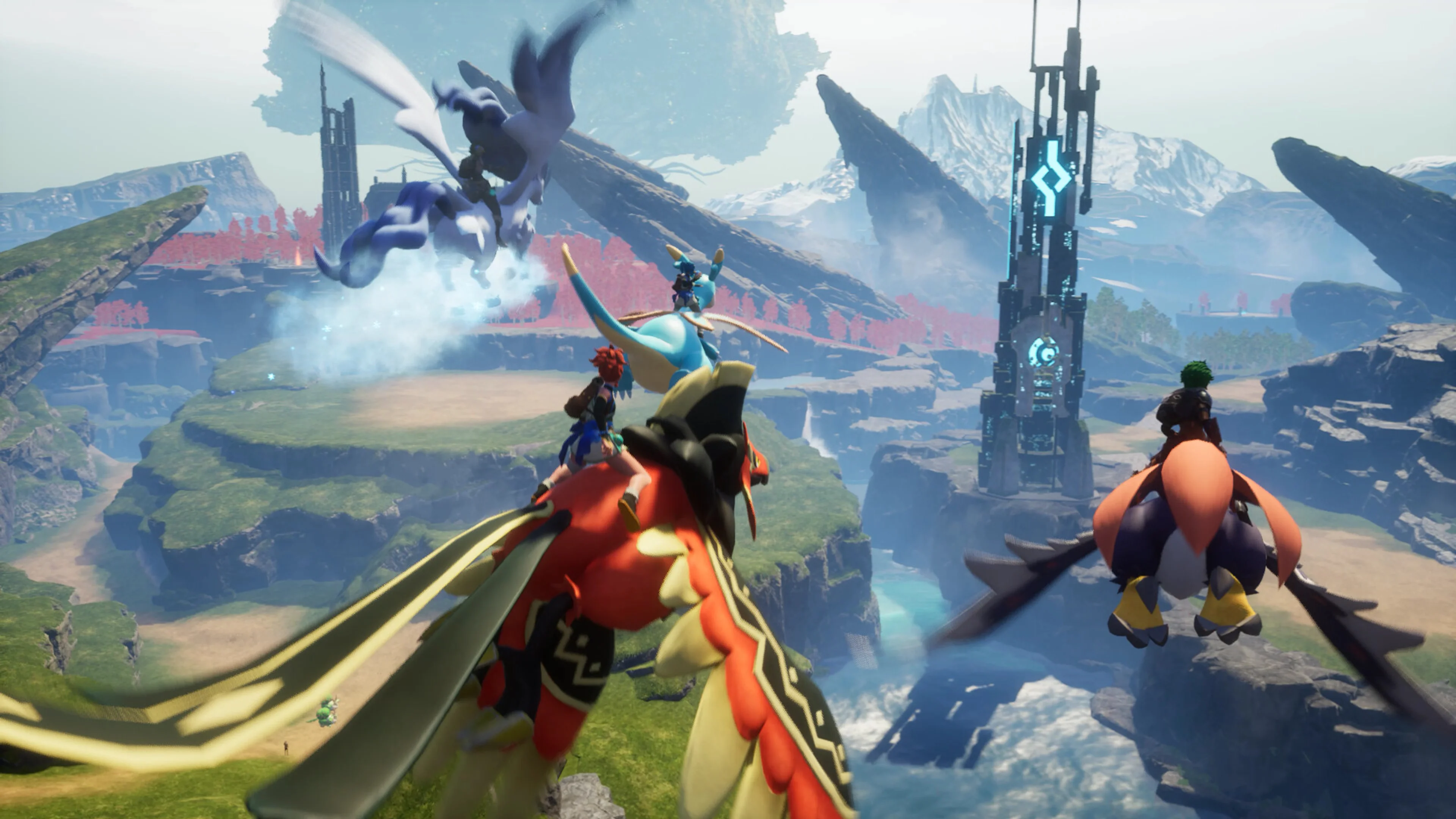 Palworld players fly across the landscape on large Pals