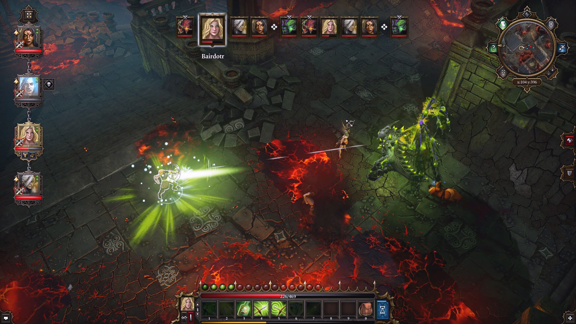 Characters battle near a glowing hazardous surface.