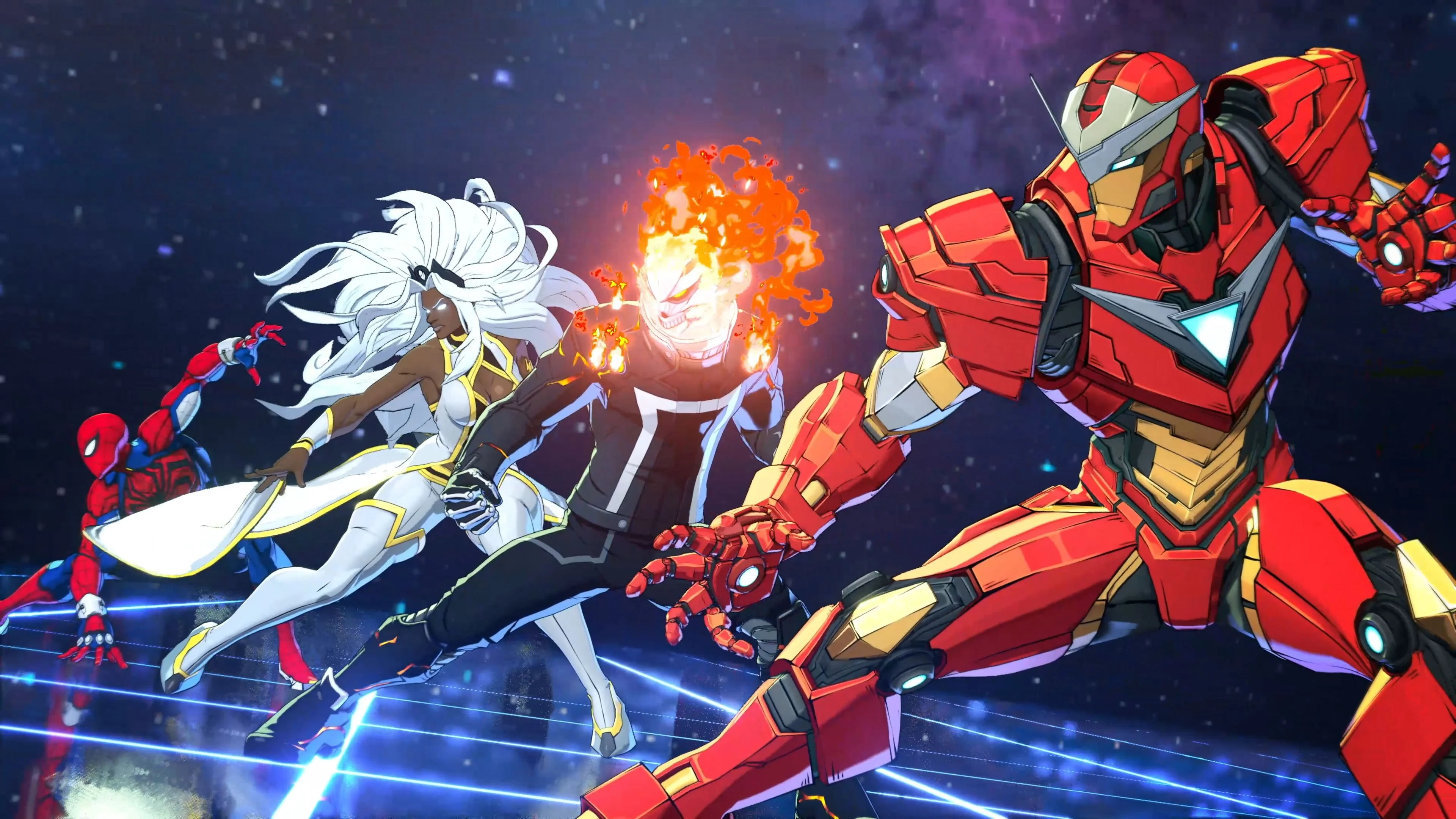 Spider-Man, Storm, Ghost Rider, and Iron Man standing together in MARVEL Tōkon