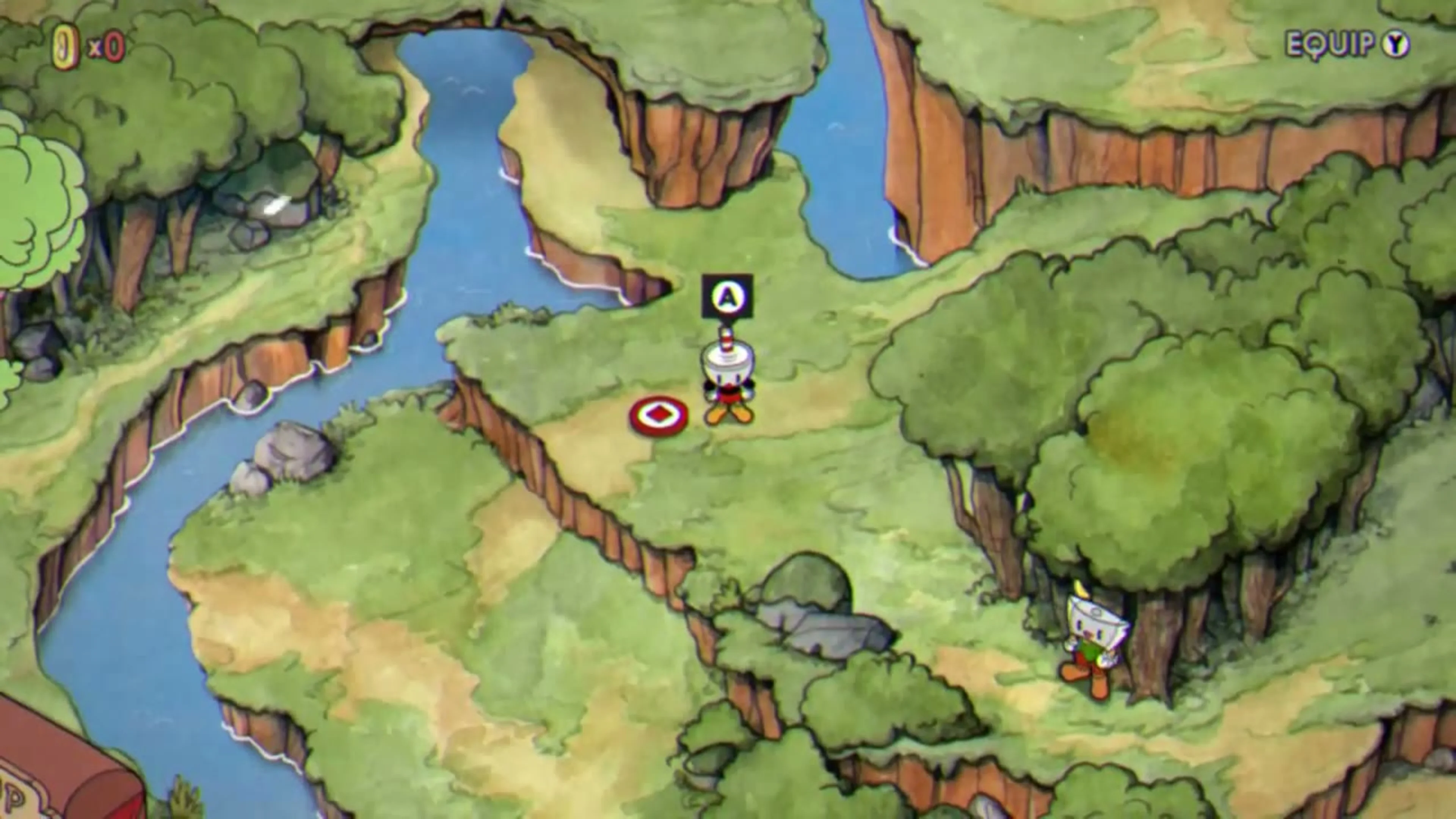 Cuphead stands on the Inkwell Isles map beside a red stage marker, with a confirm prompt above him, a coin counter at upper left and Equip at upper right.