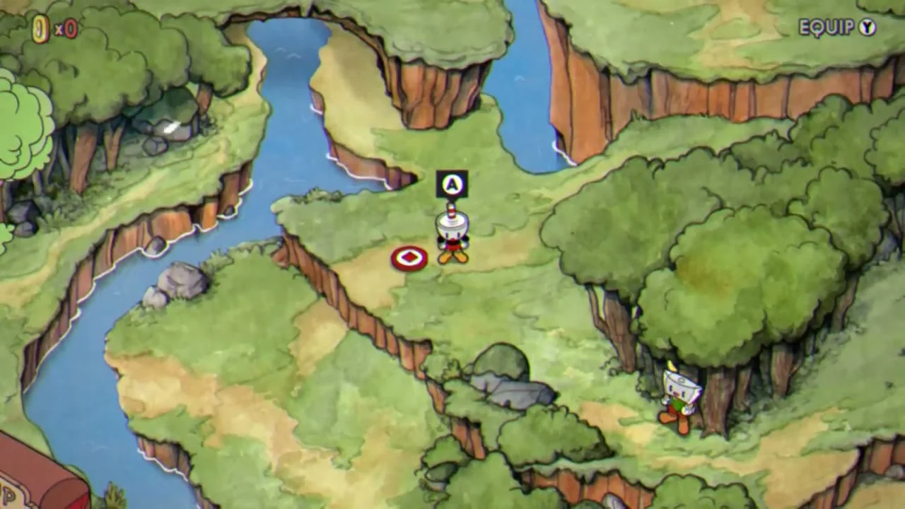 Cuphead stands on the Inkwell Isles map beside a red stage marker, with a confirm prompt above him, a coin counter at upper left and Equip at upper right.