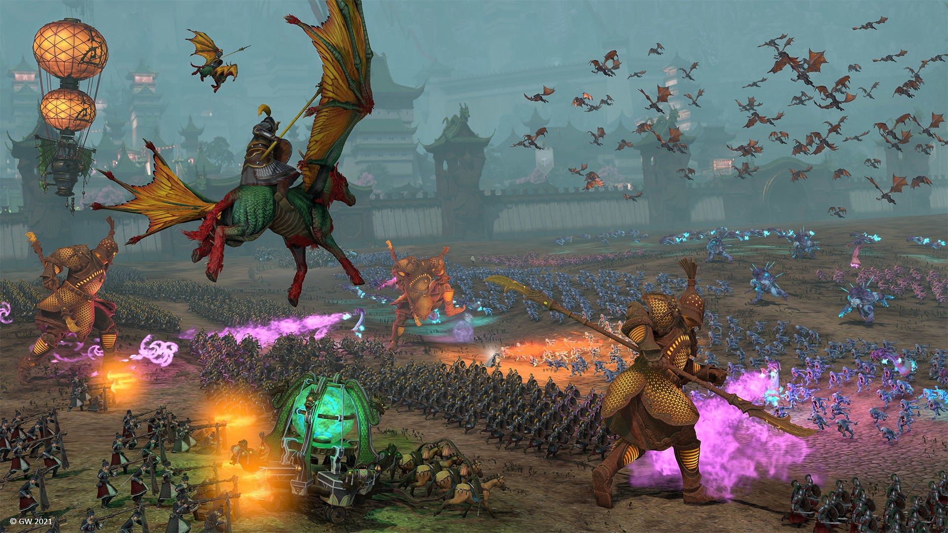 Fantasy armies clash around a fortified city.