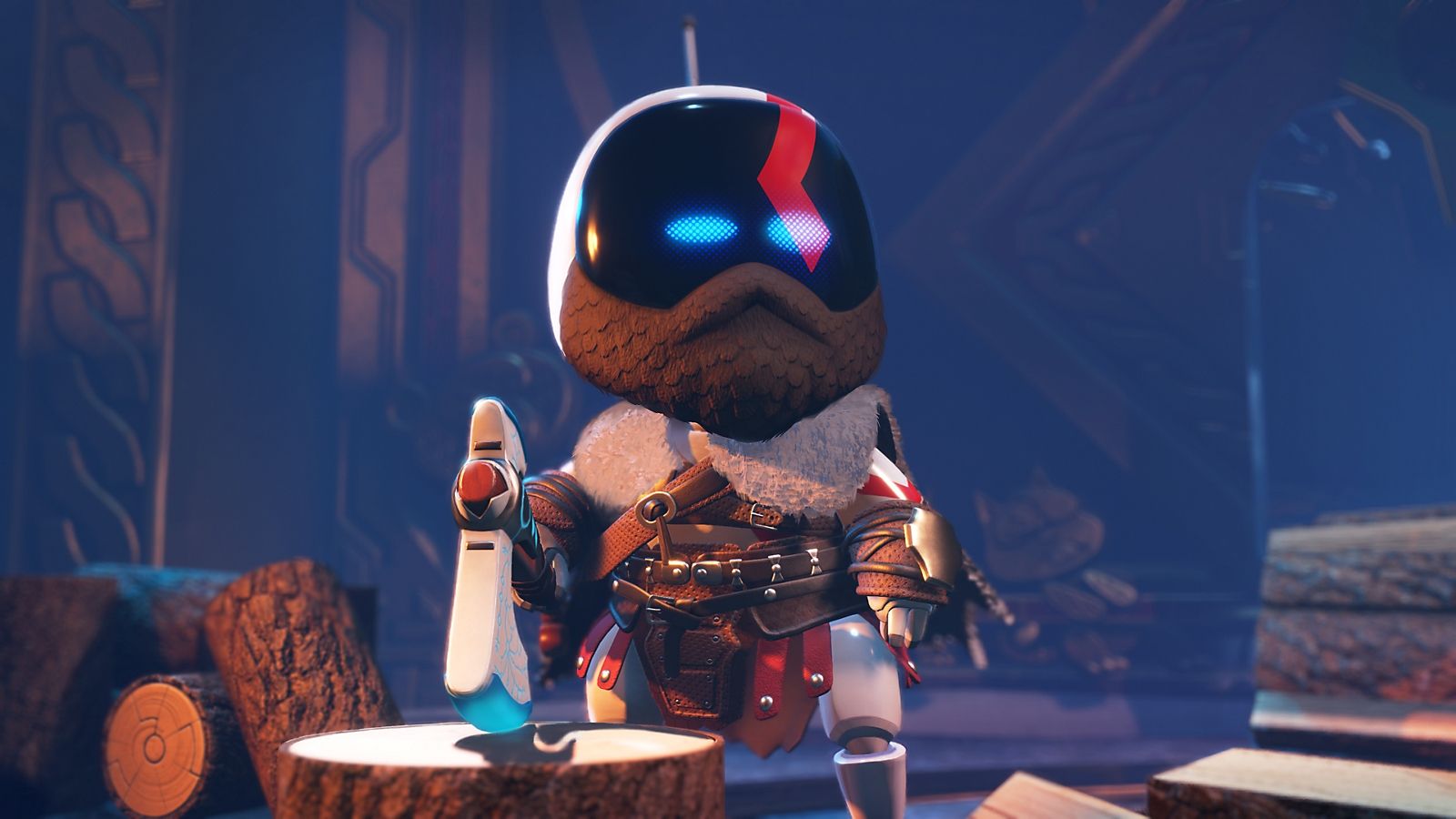 Astro stands in a dim room beside a large robot in Astro Bot.