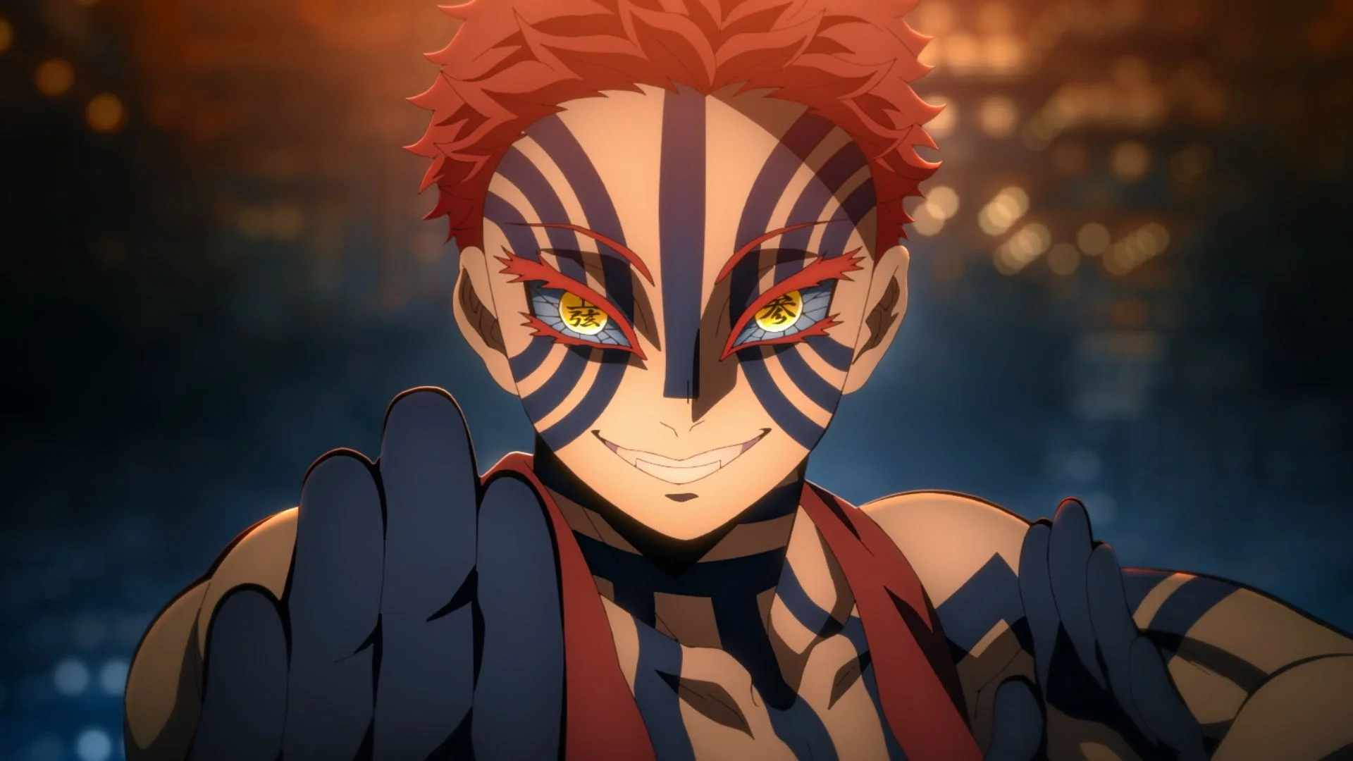 Akaza smiles and raises his hands, with dark blue markings across his face and arms.