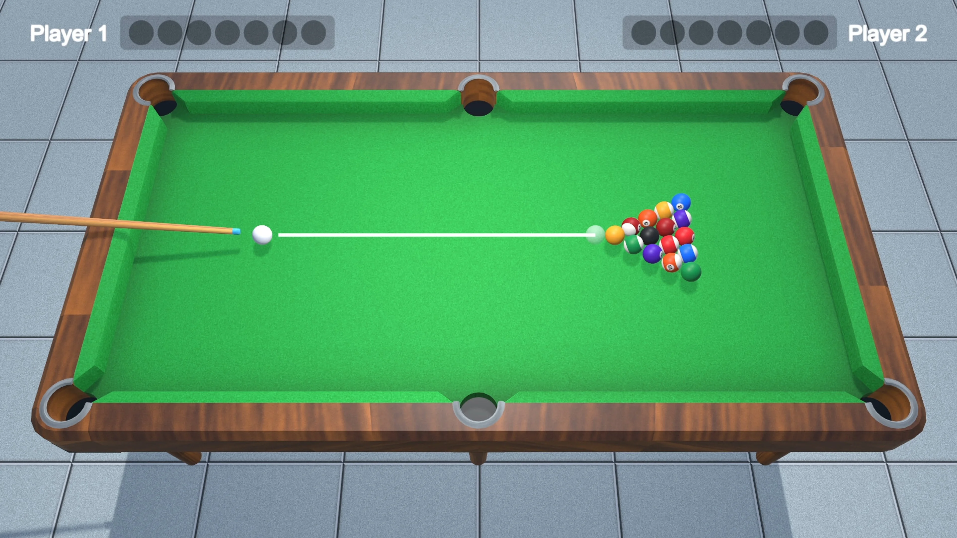 An overhead view of a pool table in Hard Shark Games’ Pool.