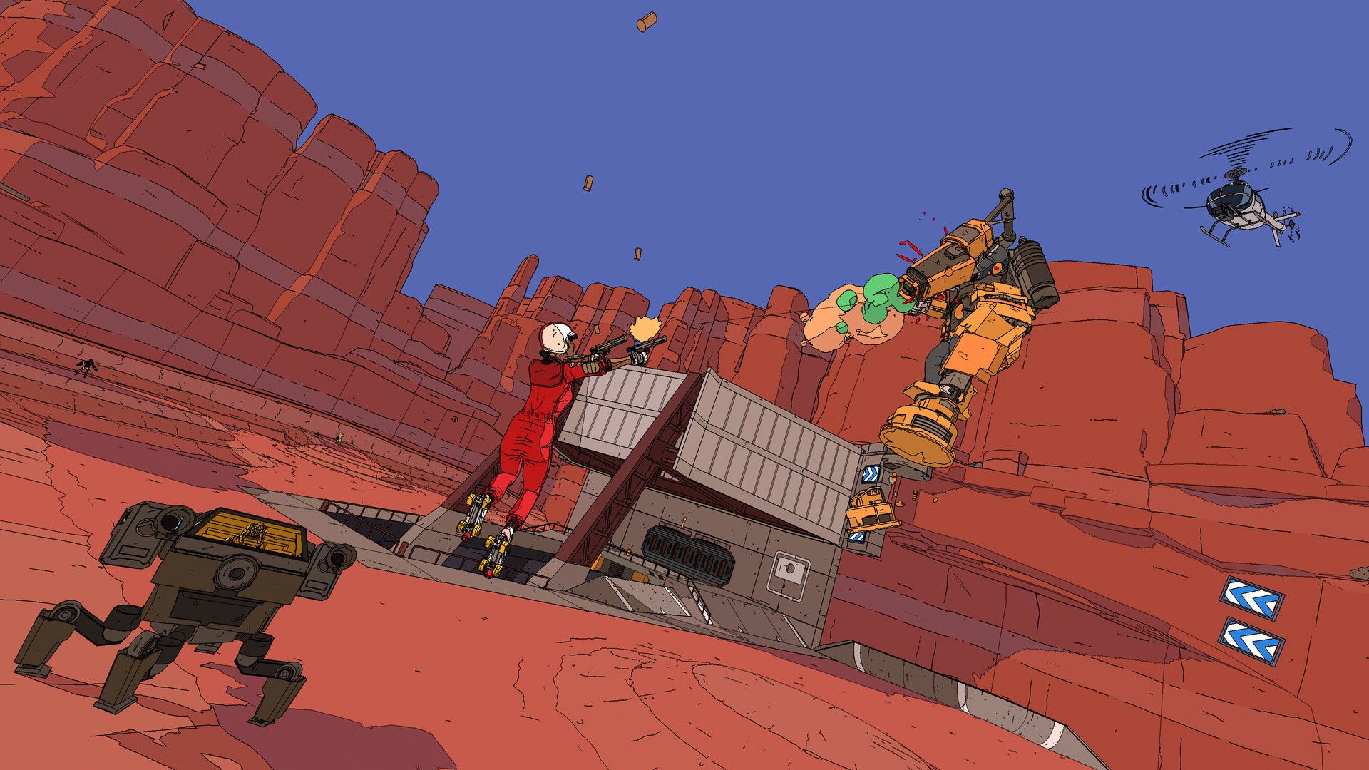 Kara fires while airborne between armed opponents in a red-rock arena.