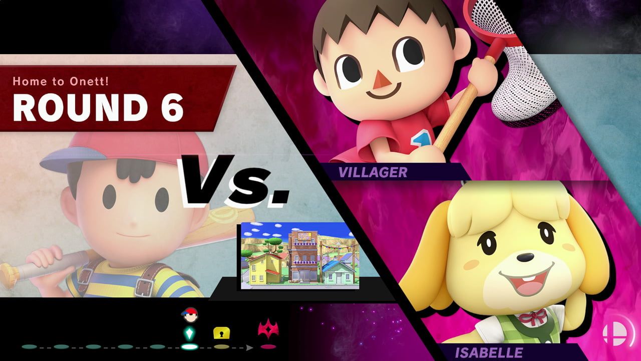 The Squad Strike matchup screen places two teams of Nintendo fighters against each other.