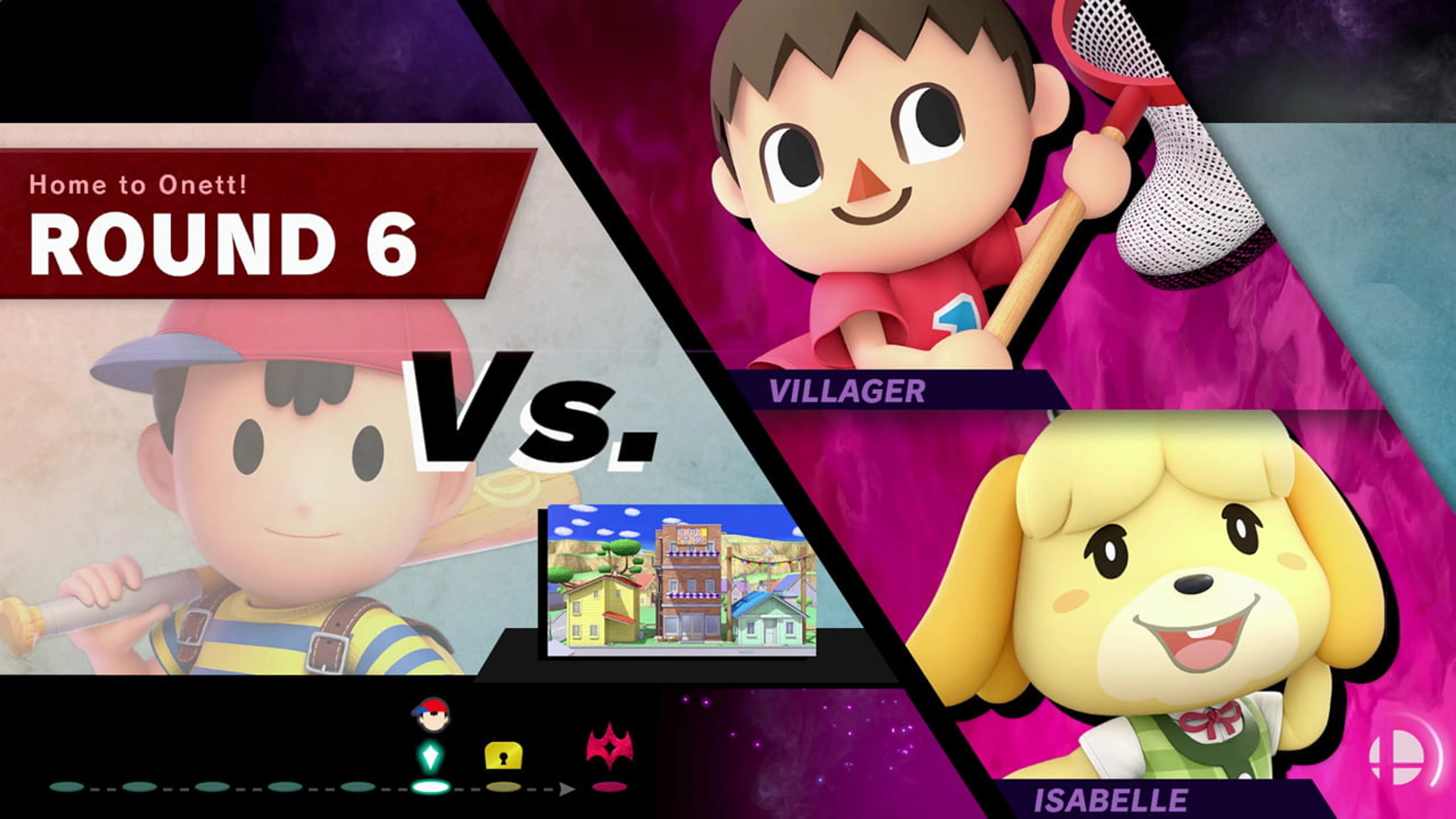 The Classic Mode matchup screen shows Villager facing Isabelle in a themed round.