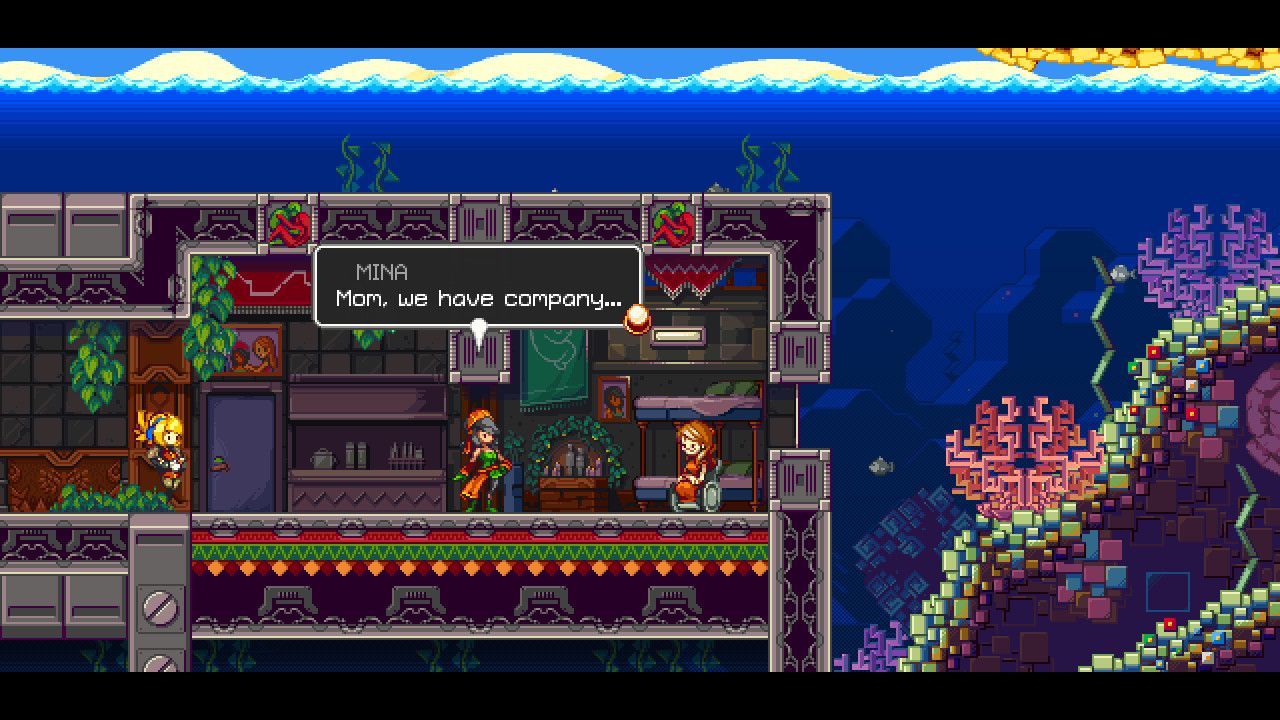 A conversation inside a building surrounded by water shows the story scenes alongside platforming.