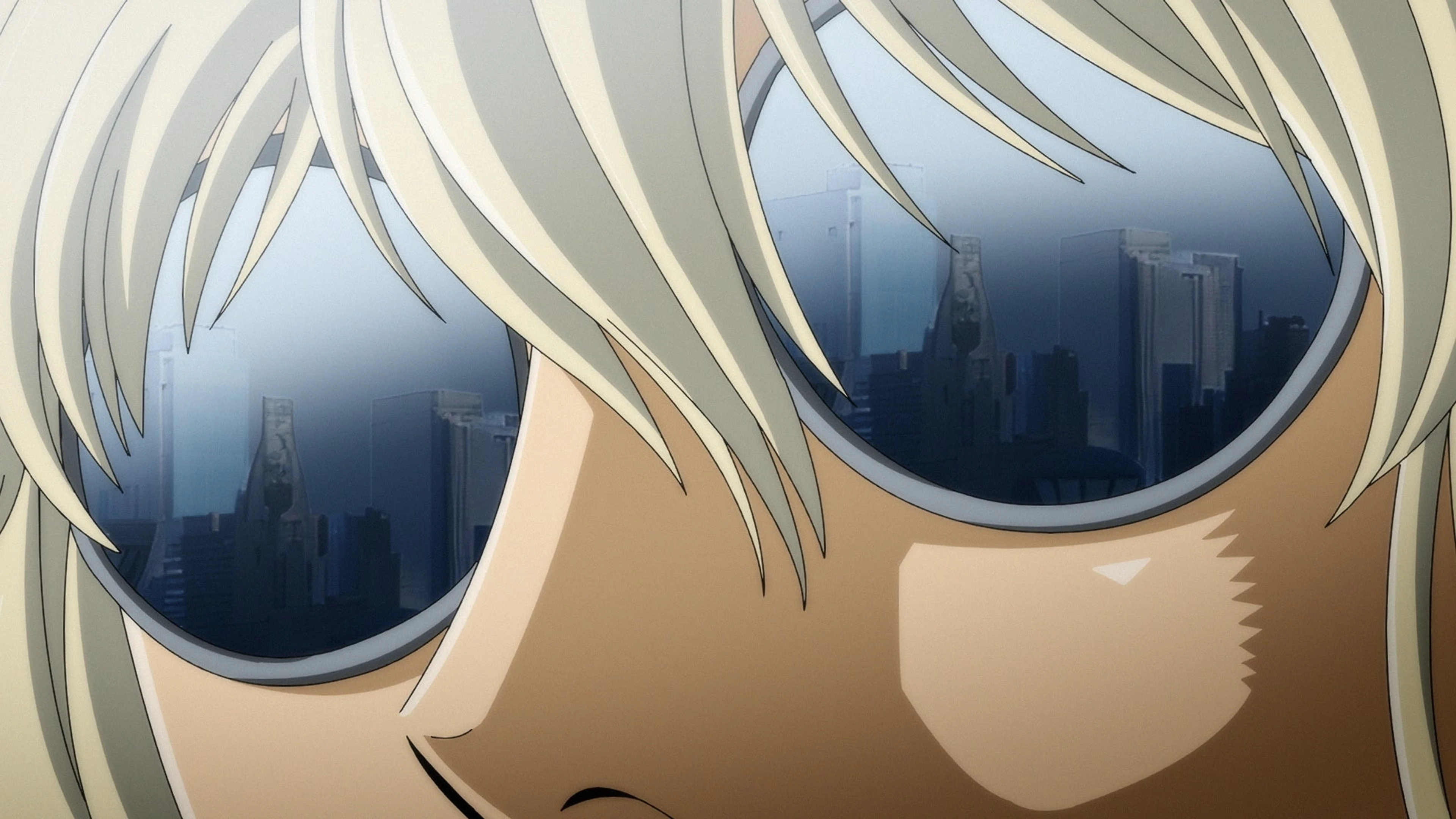 A city skyline is reflected in Bolt Crank’s sunglasses in the new EAT-MAN anime teaser.