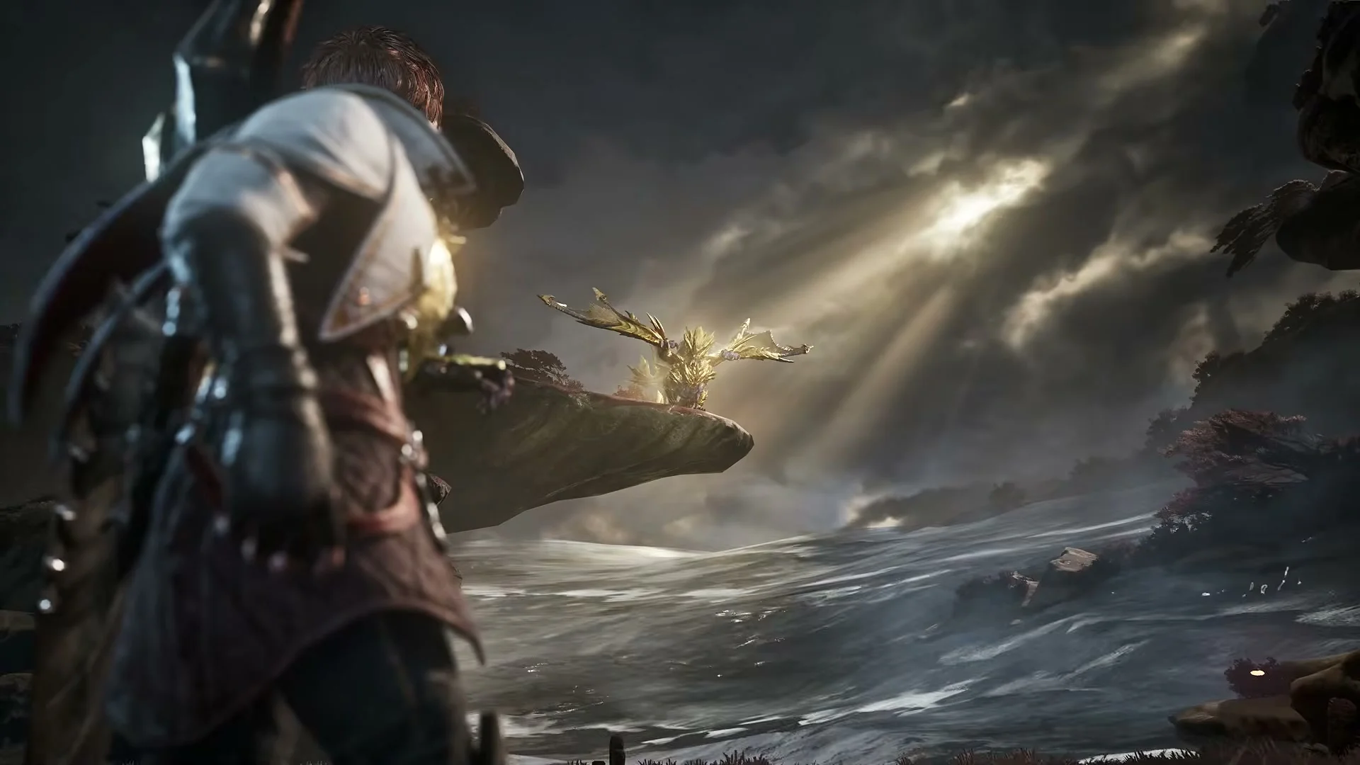 A hunter watches a golden monster across a river in Monster Hunter Outlanders.