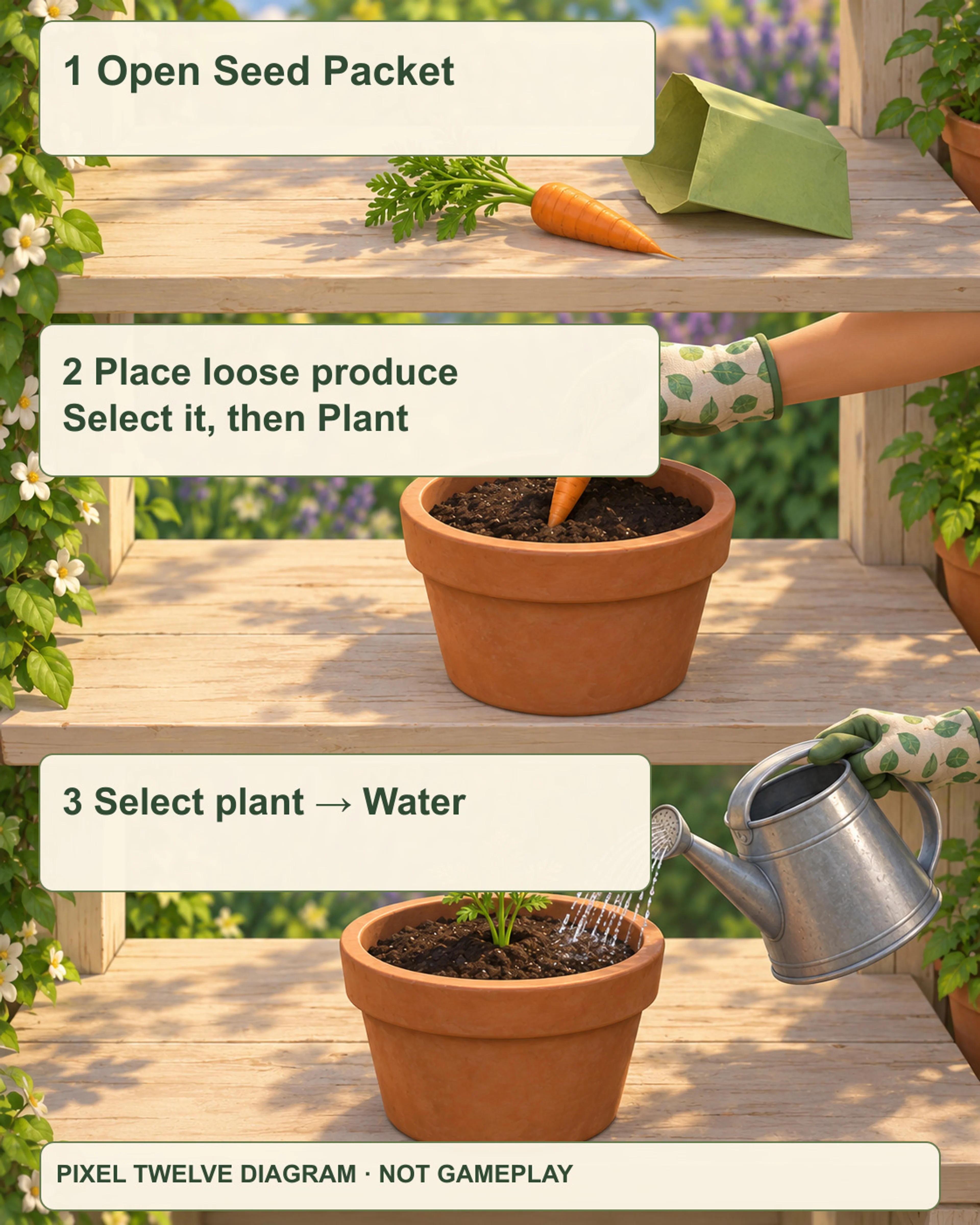 Original potting-bench diagram shows an opened packet and loose carrot, loose produce placed in a pot, then a planted sprout being watered.