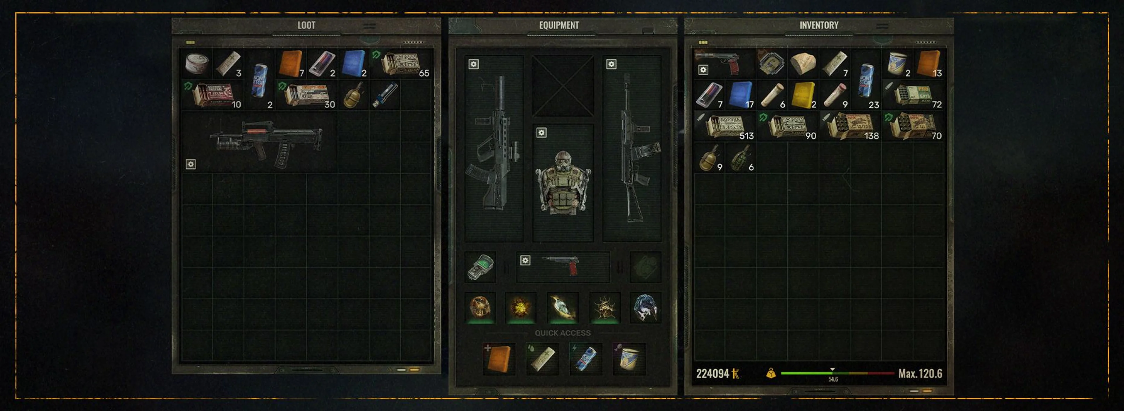 S.T.A.L.K.E.R. 2 inventory screen showing equipment, loot, quick-access supplies, and the carry-weight meter.
