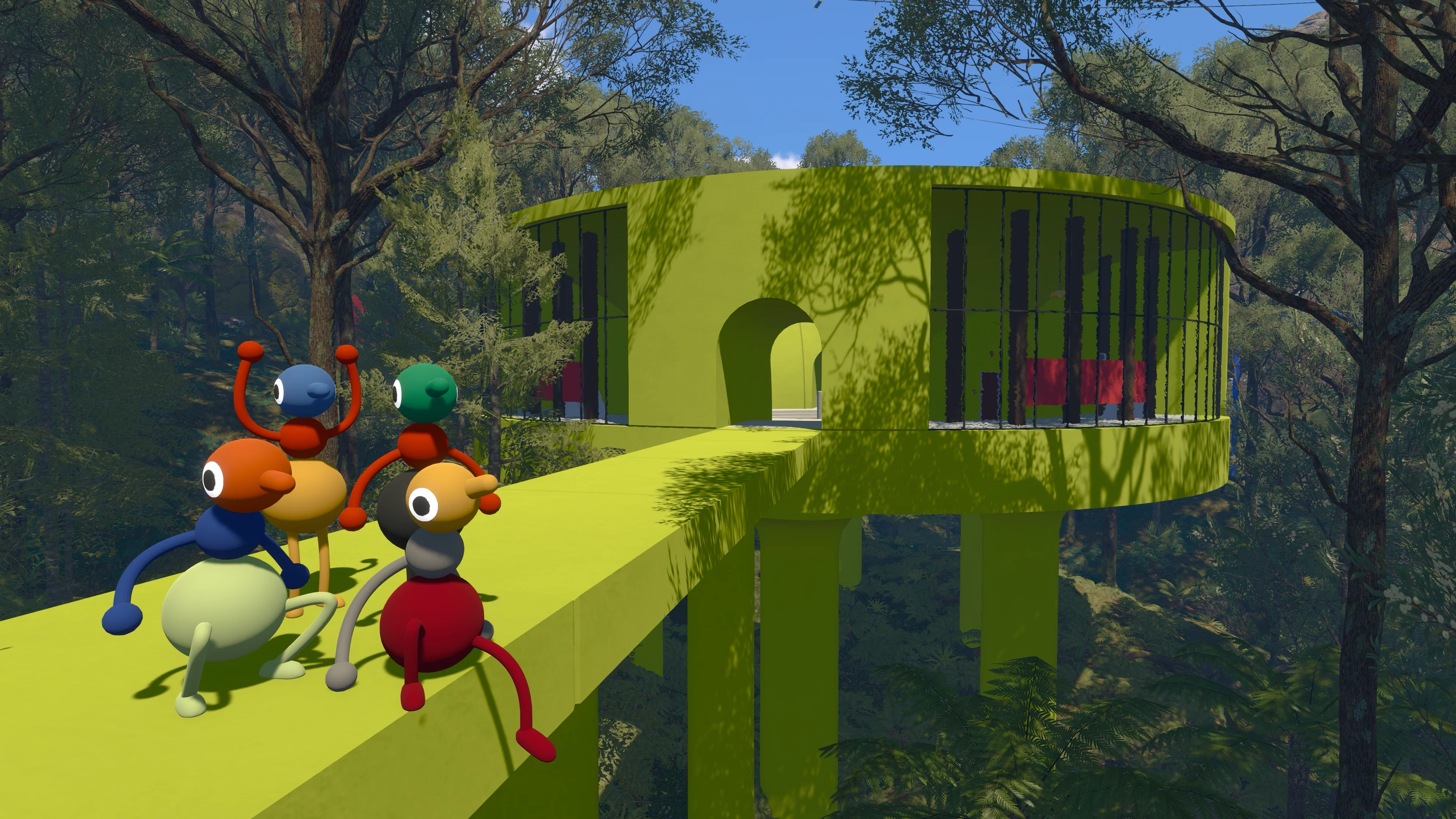 A group of Big Walk players approaches a green tower.