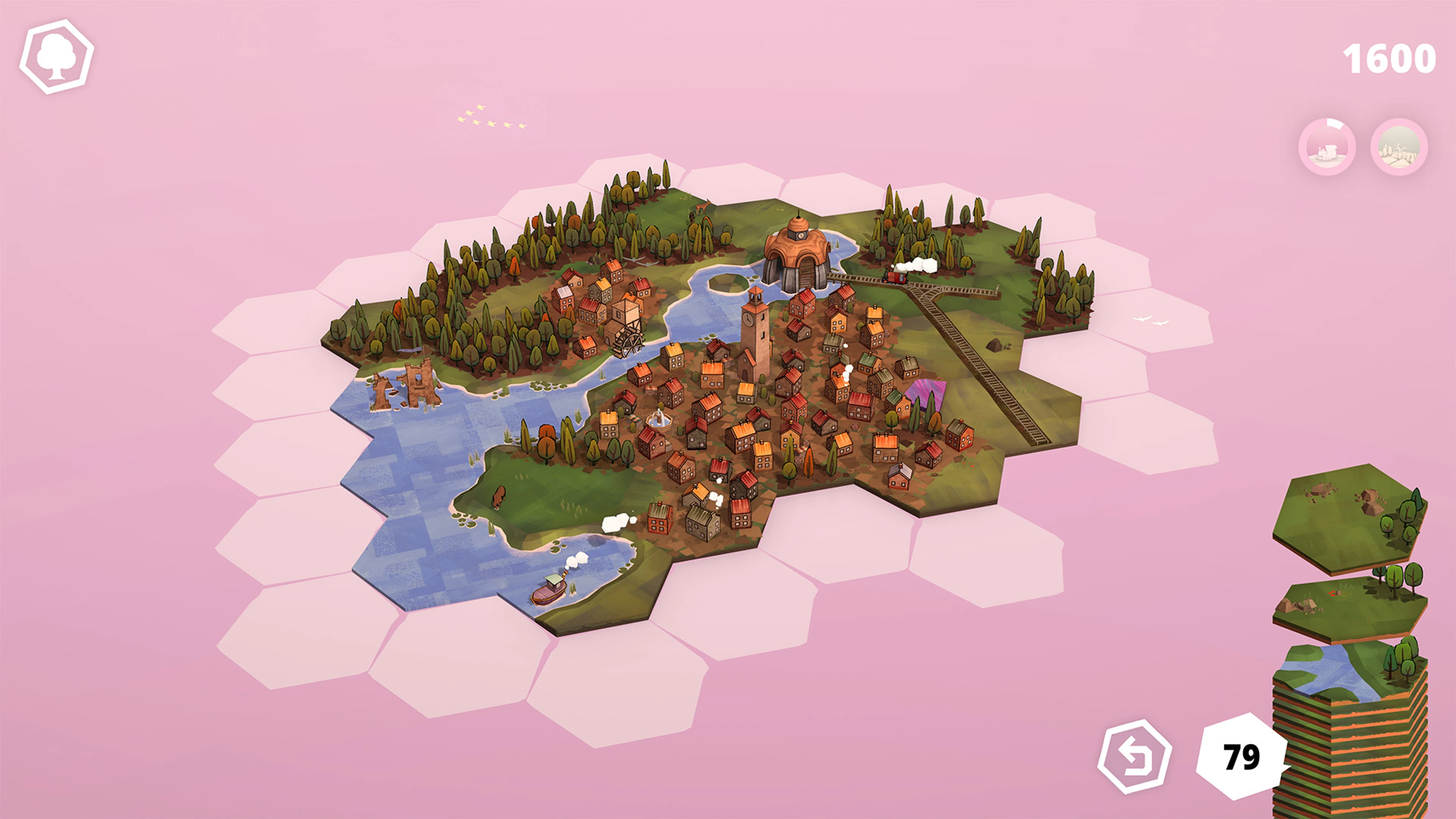 A small landscape of village and river tiles in Dorfromantik.