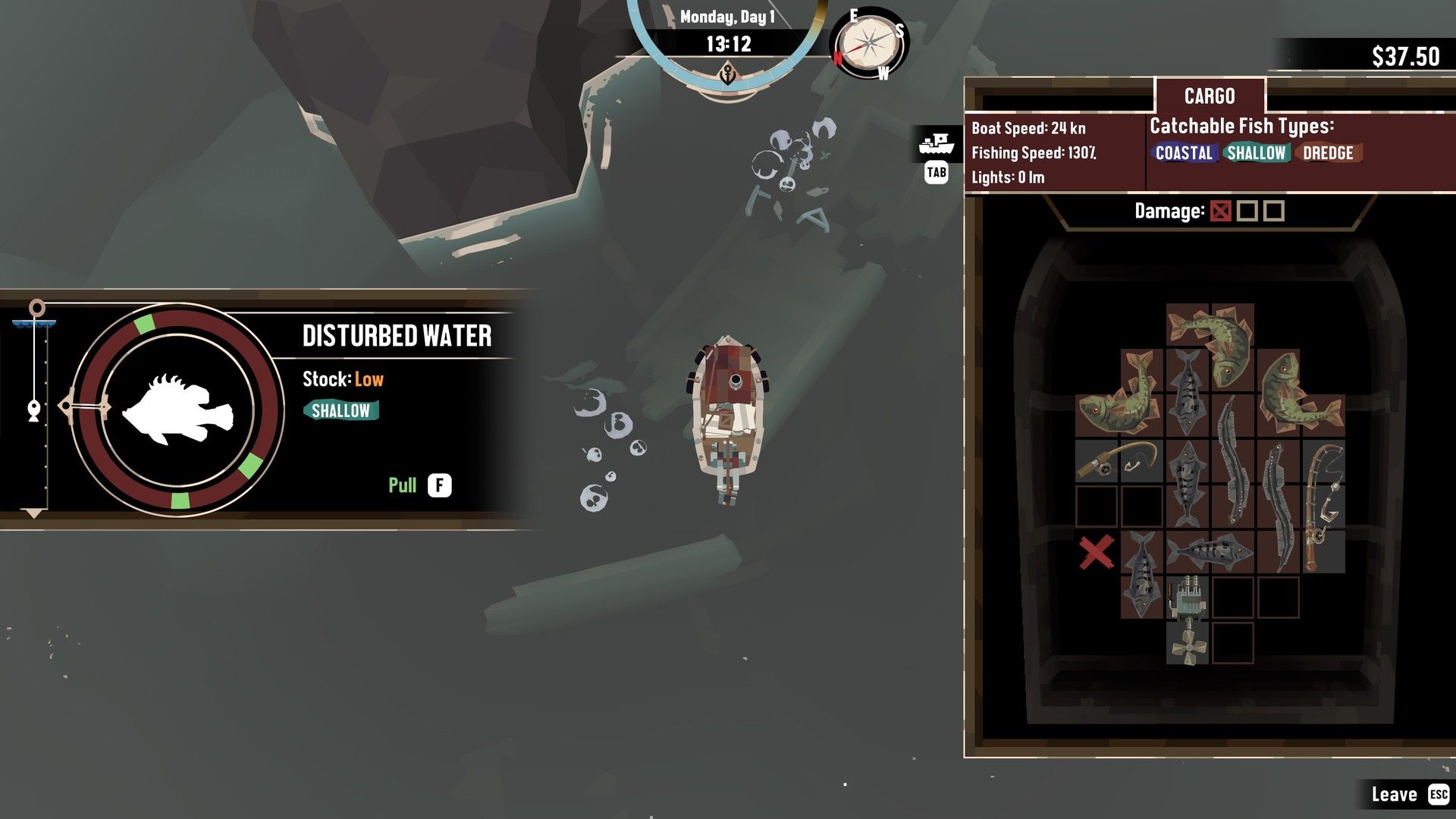 The fishing minigame and cargo grid show the catch filling the boat’s limited storage space.