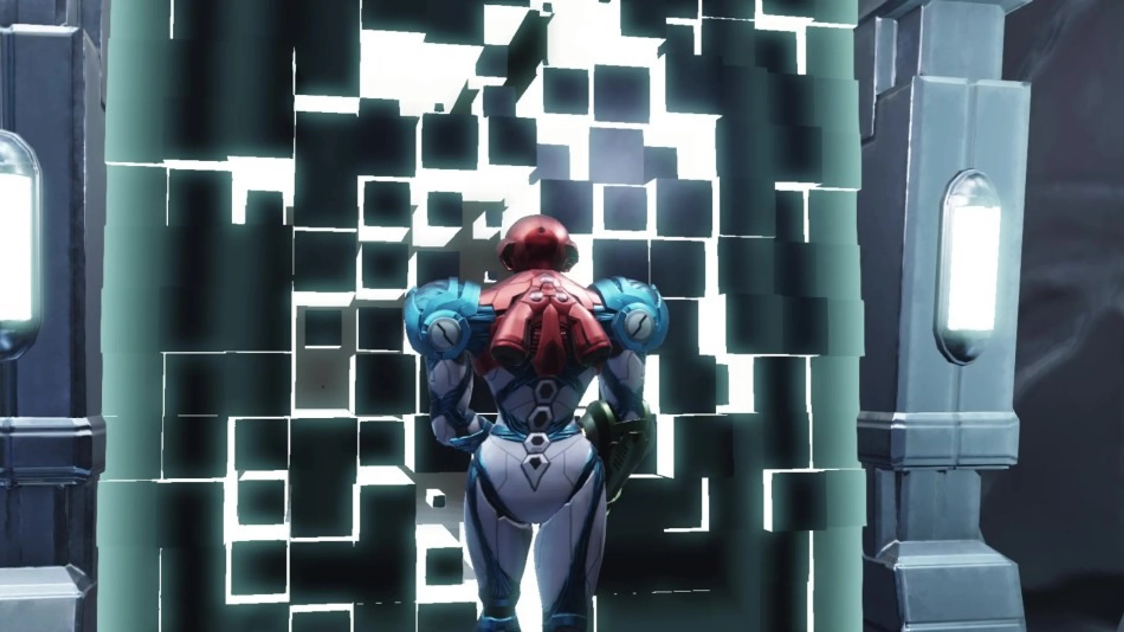 Samus faces a bright locked E.M.M.I. zone door while the room is in alert state.