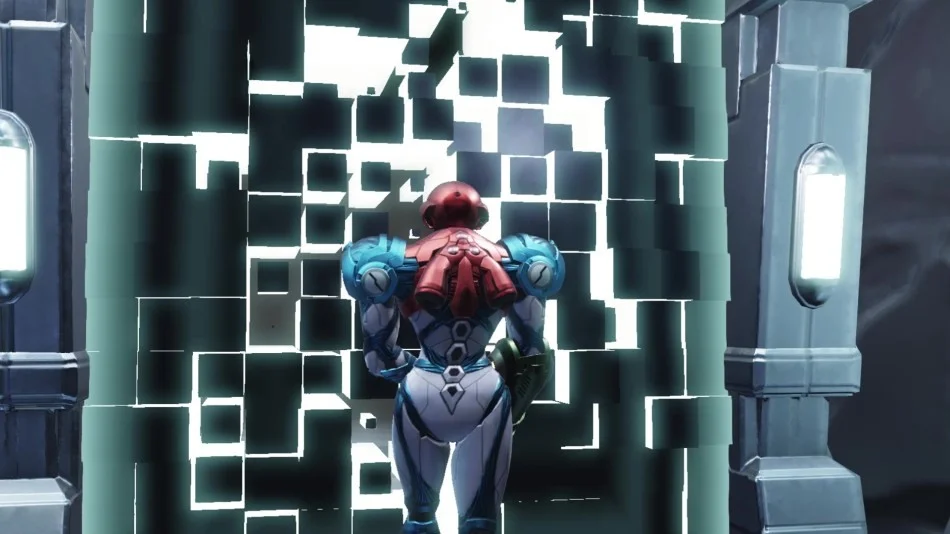 Samus faces a bright locked E.M.M.I. zone door while the room is in alert state.
