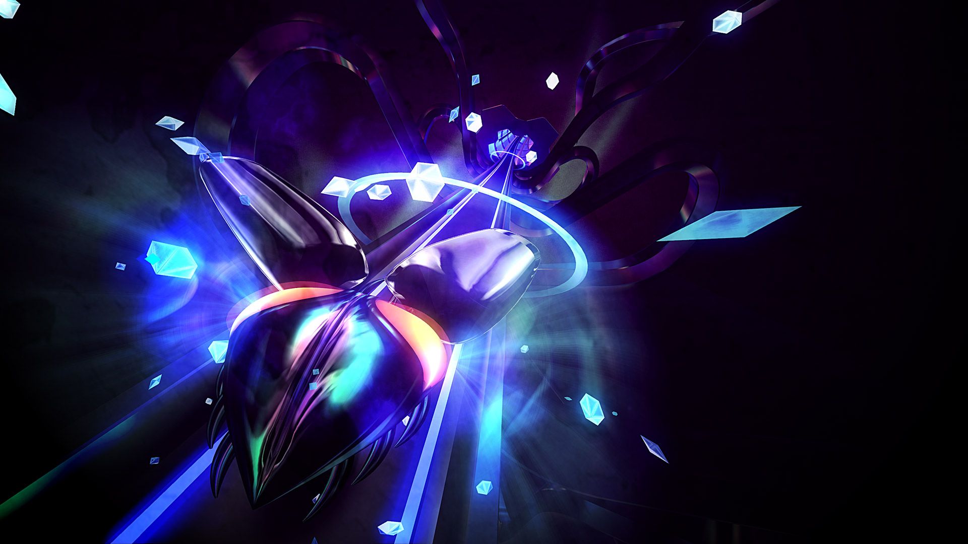 The beetle flies past blue shards and light effects near the track.