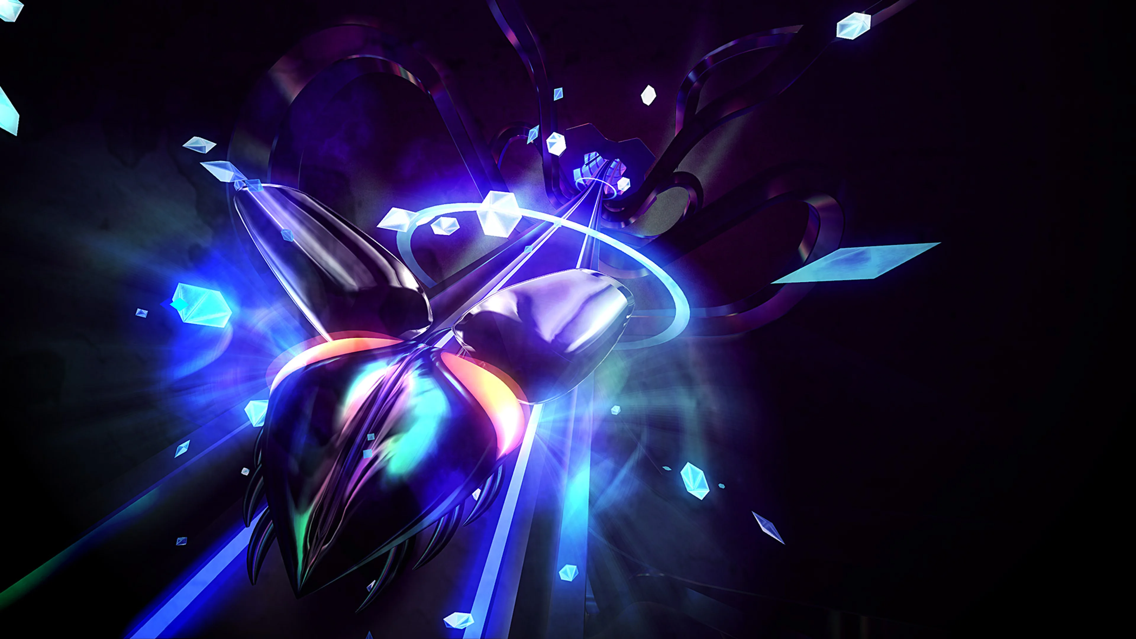 Official Thumper screenshot with blue shards and gems around the metal beetle.