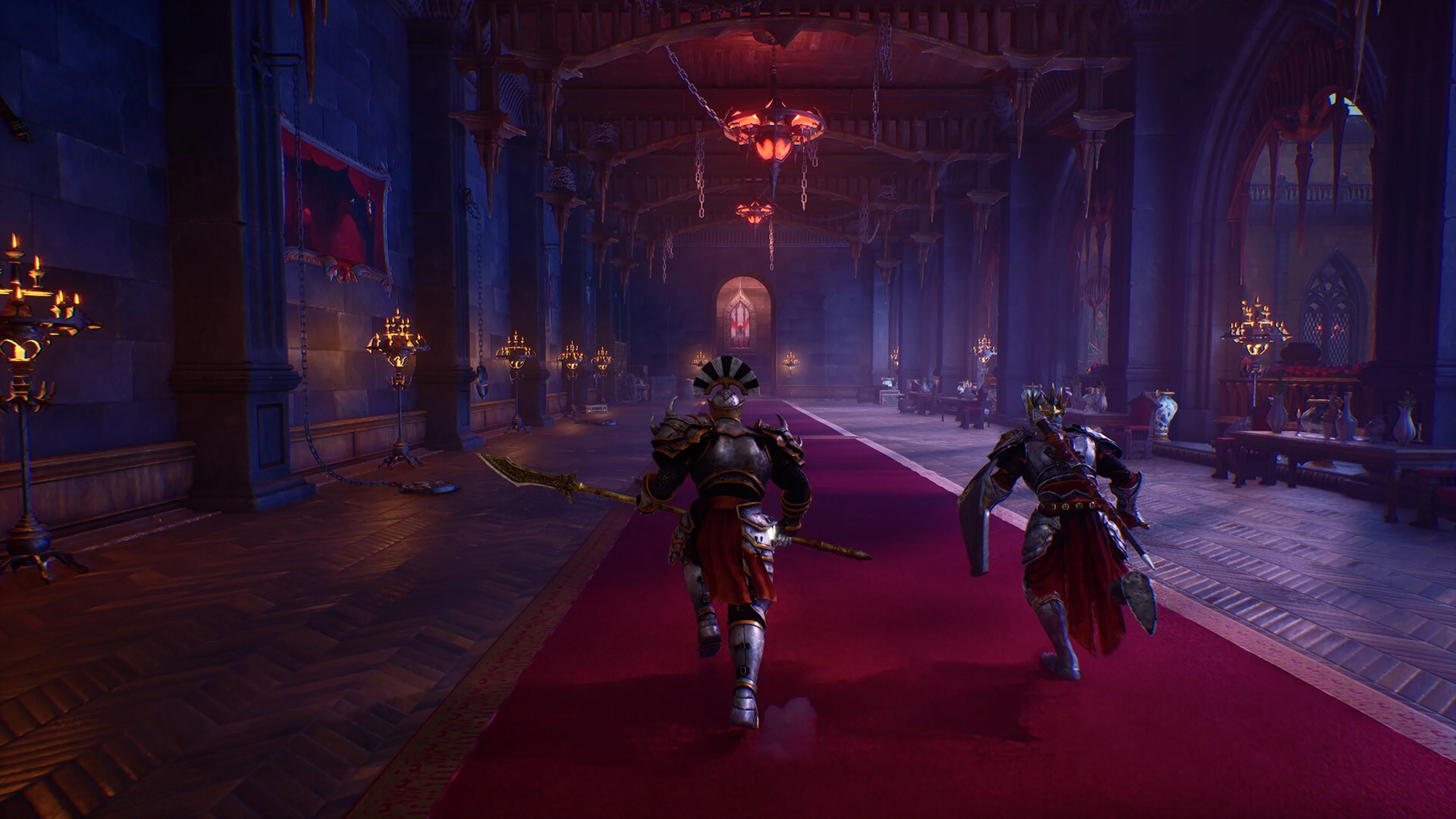 Two Crimson Moon players run through the candlelit Church hub between hunts.