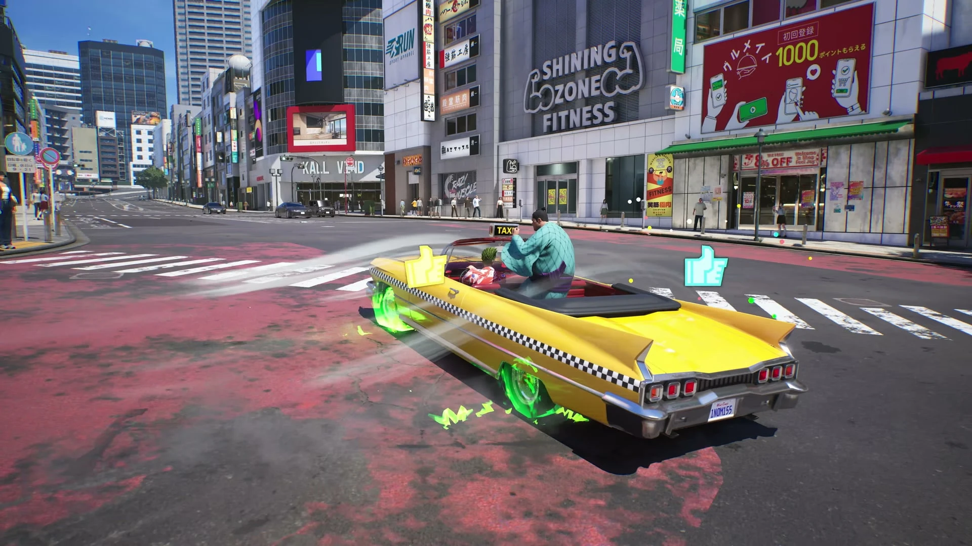 A yellow taxi drives through a Japanese city in Crazy Taxi: World Tour.