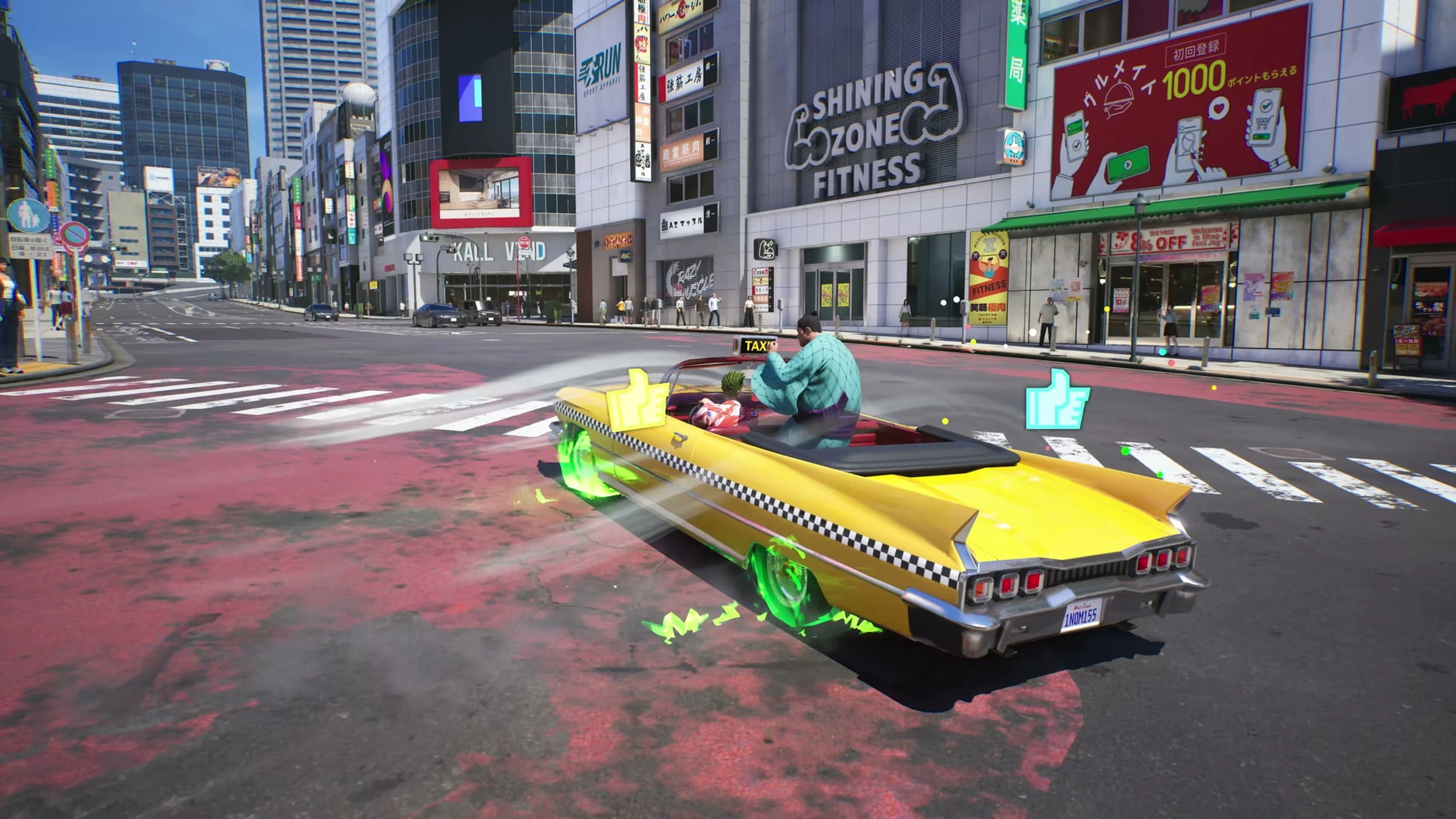 A yellow taxi drives through a Japanese city in Crazy Taxi: World Tour.