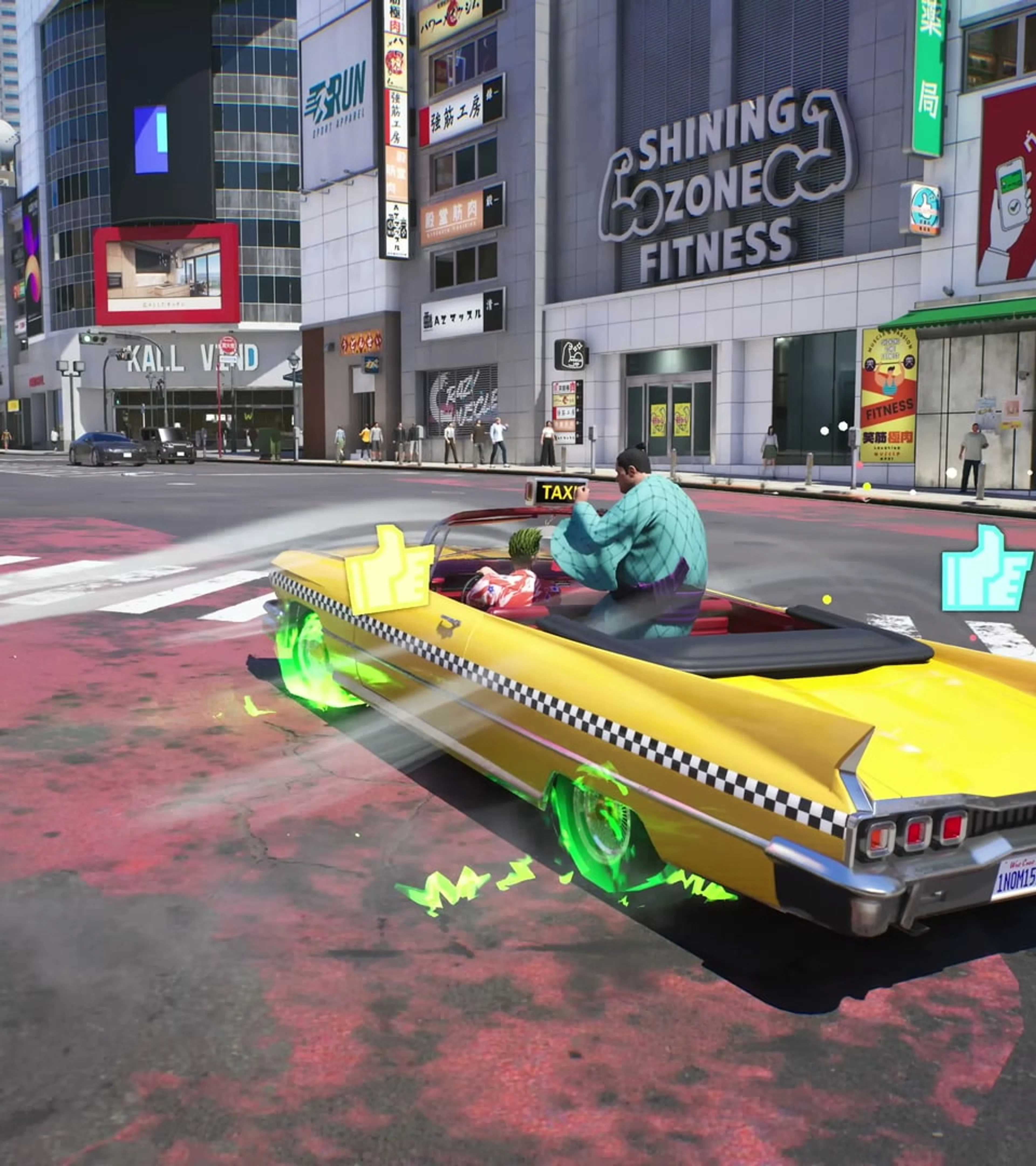 A yellow taxi drives through a Japanese city in Crazy Taxi: World Tour.