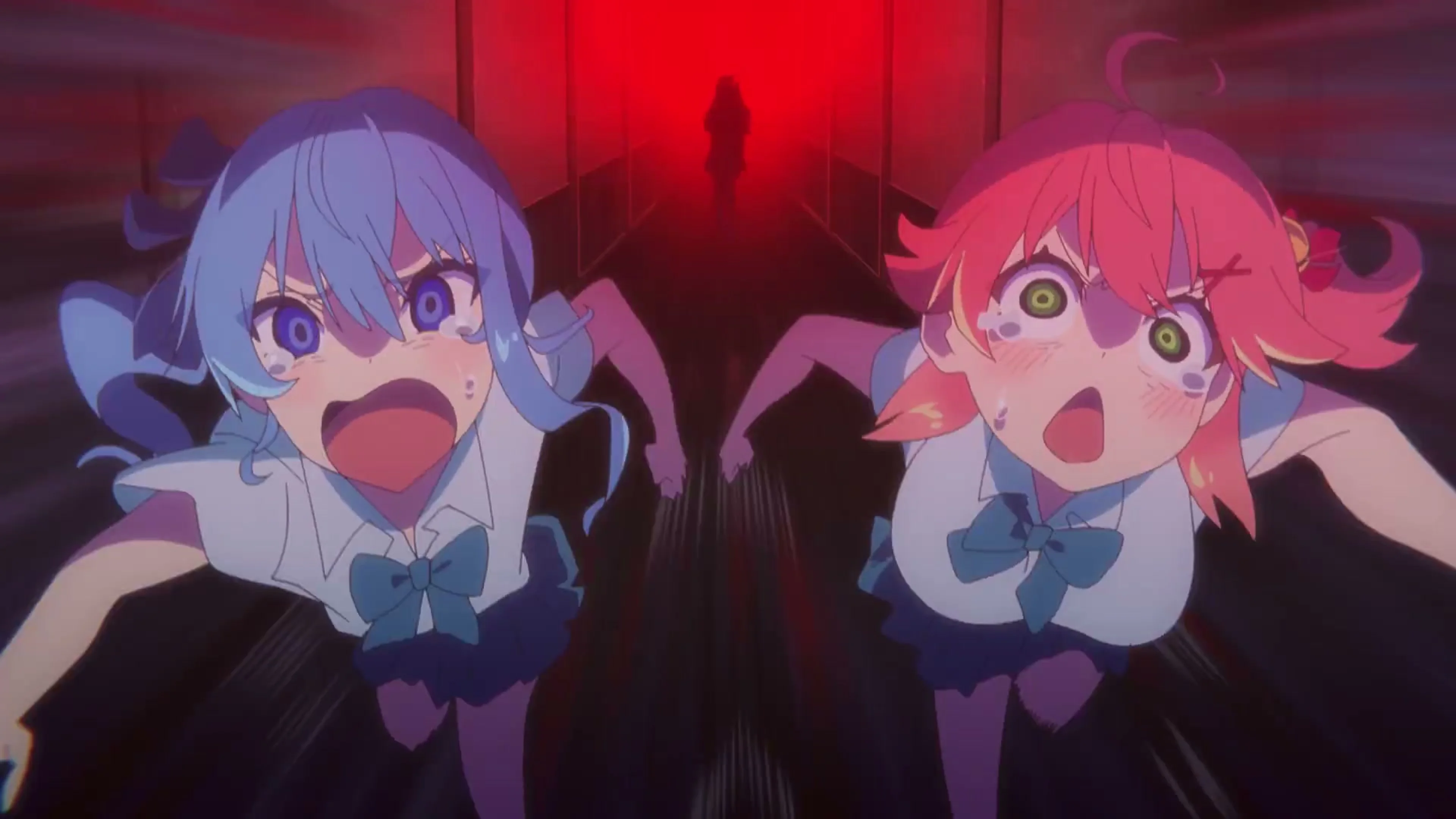 Two animated hololive characters react in surprise during a red-lit comic action scene.
