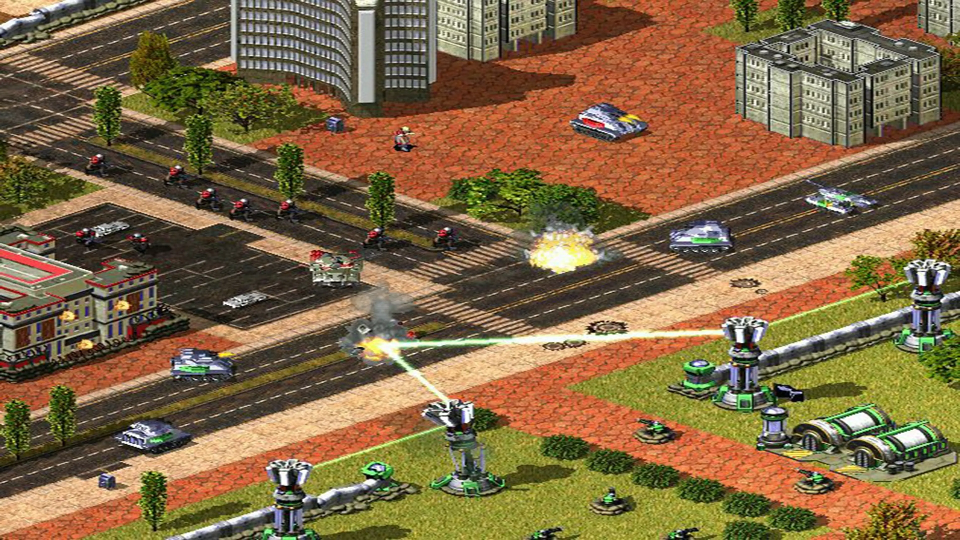Allied units and defenses in an urban battle.