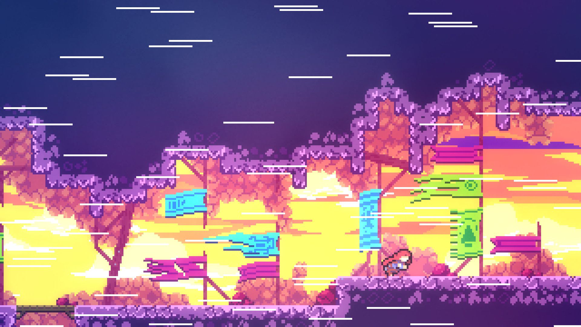 Madeline runs through a colourful outdoor Celeste scene at sunset.