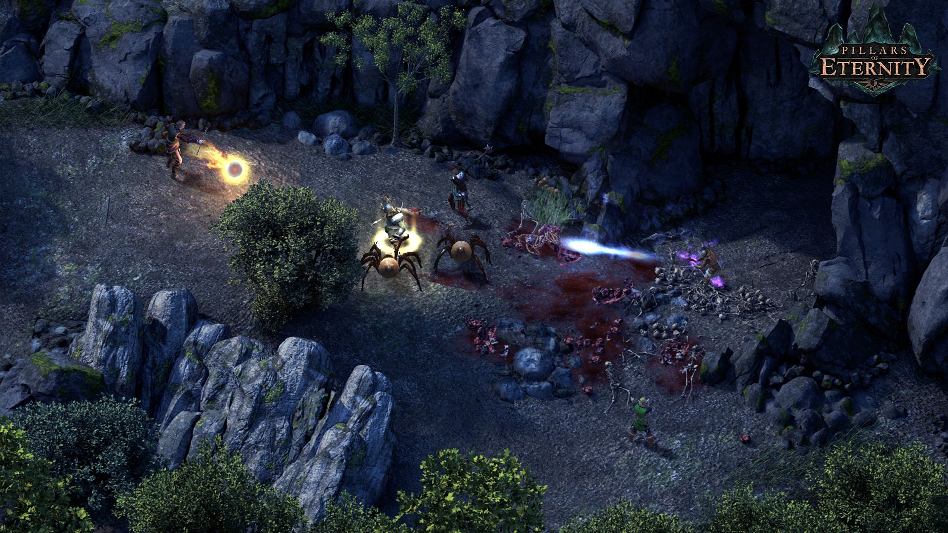 Spell effects flash during party combat on a narrow rocky path.