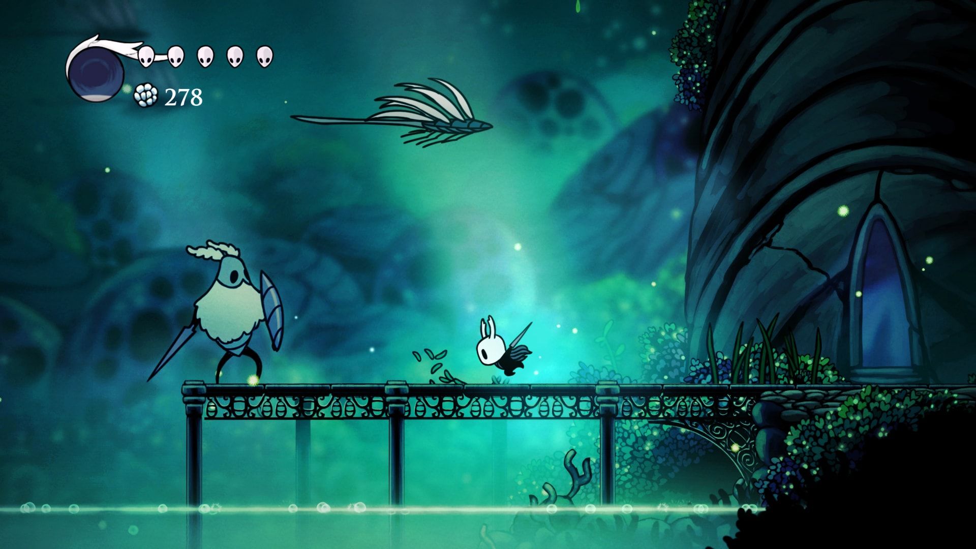 The Knight stands on a thin platform in a blue-green cavern.