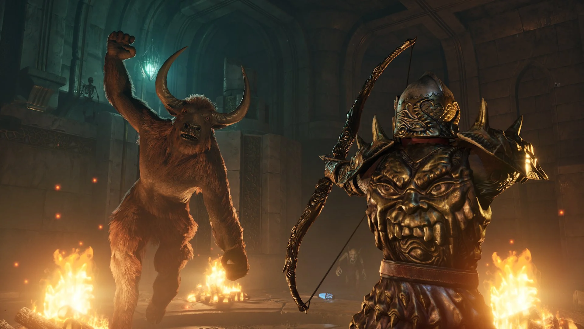 An armored archer faces a minotaur inside a fire-lit Oblivion Remastered dungeon.