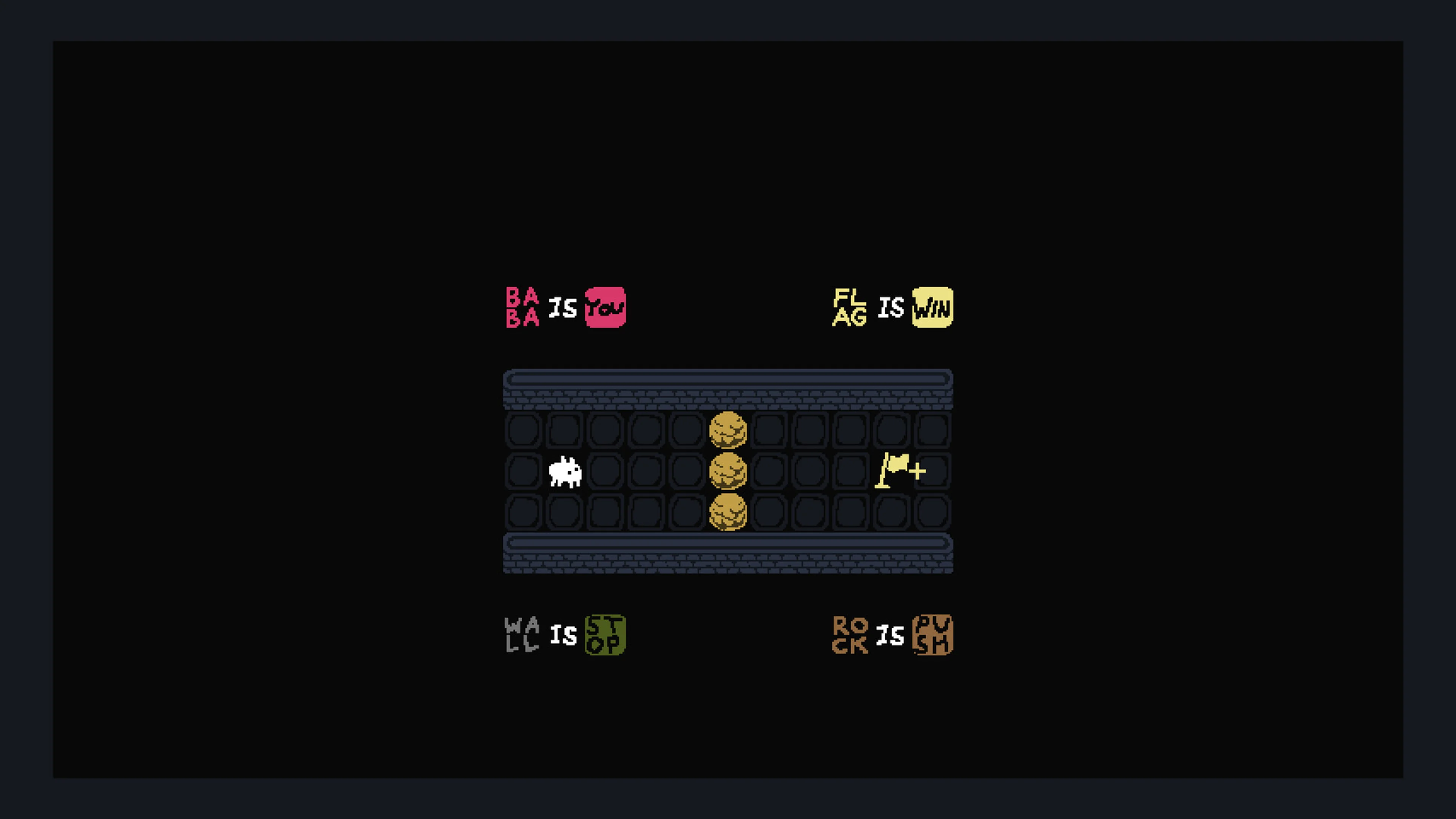 A white Baba stands left of three rocks; BABA IS YOU and FLAG IS WIN are connected above the board, with WALL IS STOP and ROCK IS PUSH below.