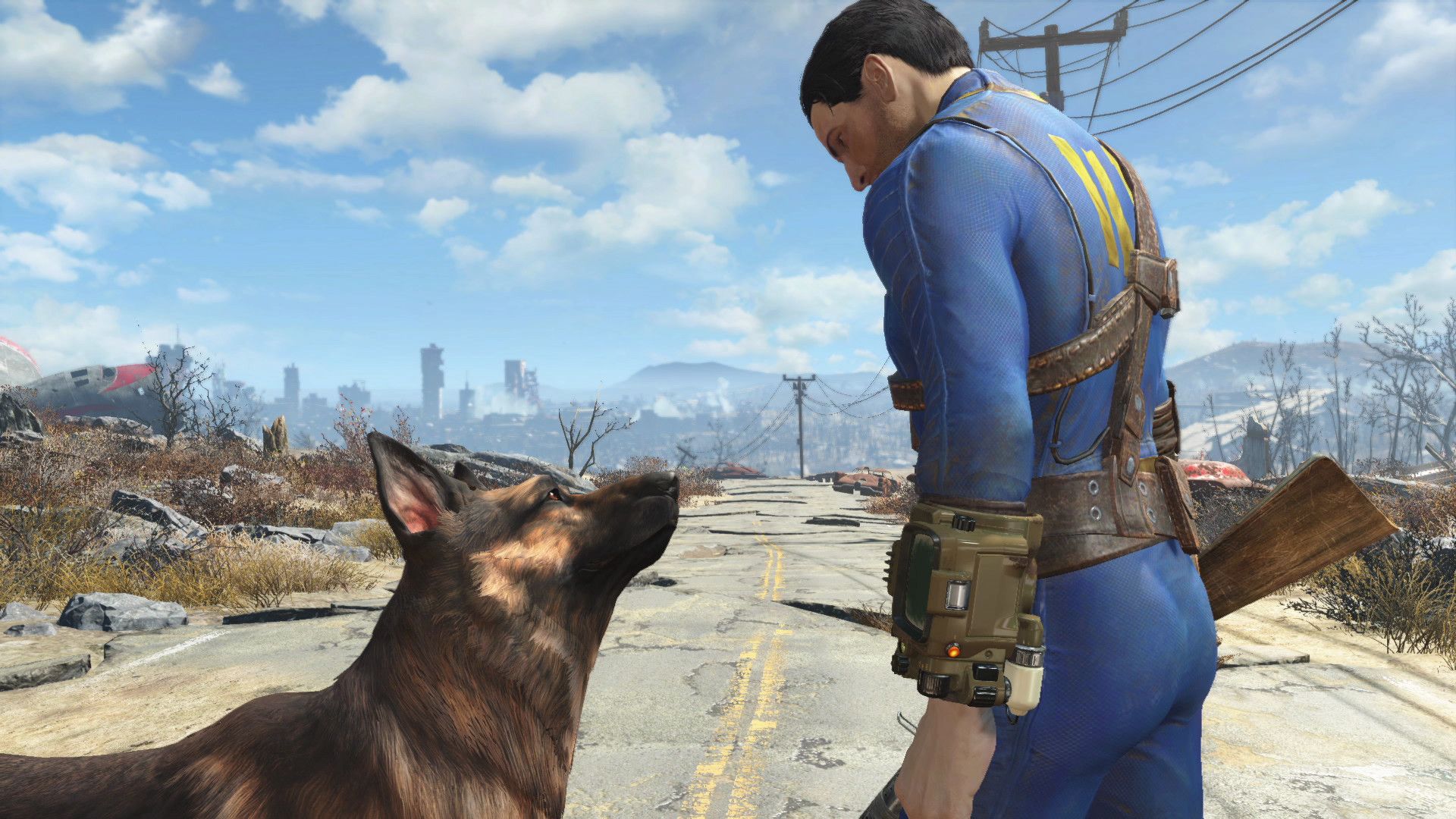 A person in a blue Vault suit stands on a road with Dogmeat looking up at them.