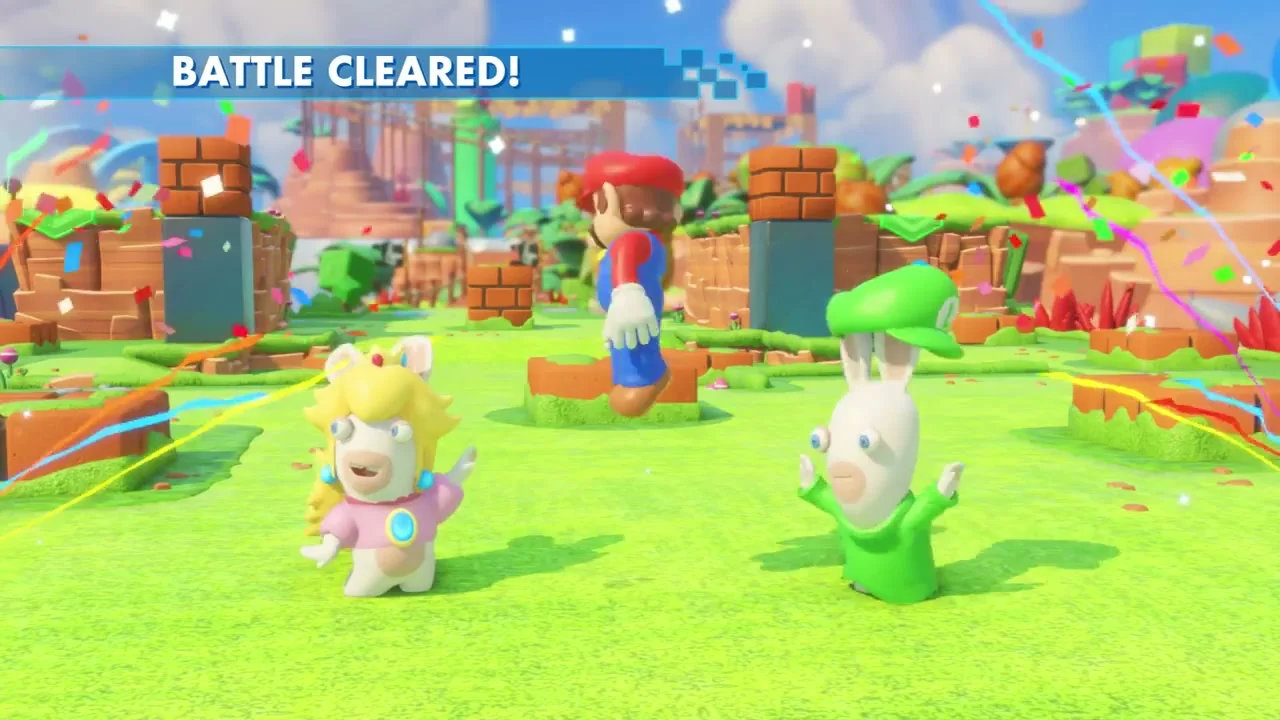 Ubisoft tutorial result shows Battle Cleared and the Mario and Rabbids team celebrating.