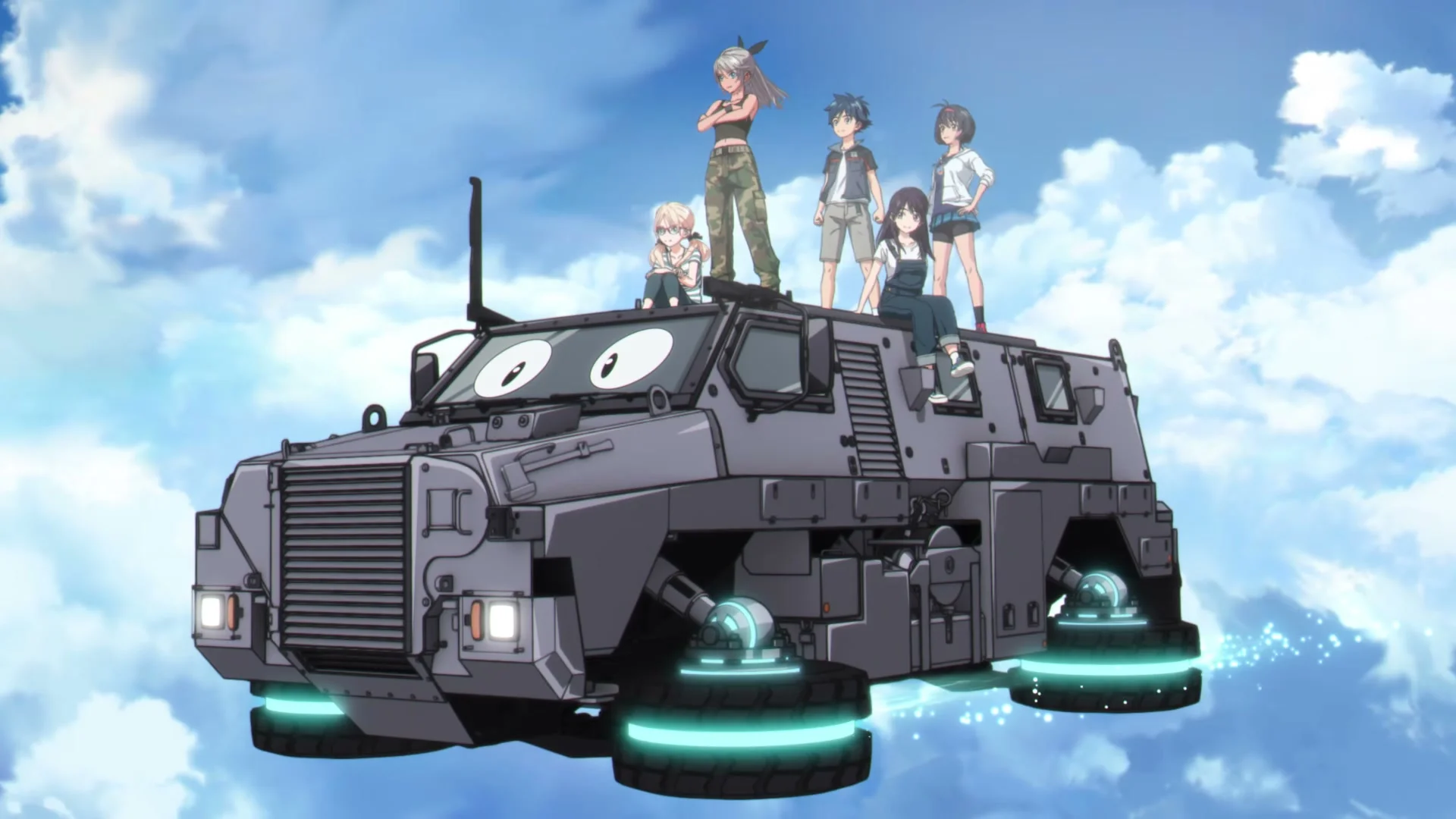 An ENIA transport machine floats in a bright blue sky with four characters standing on top.