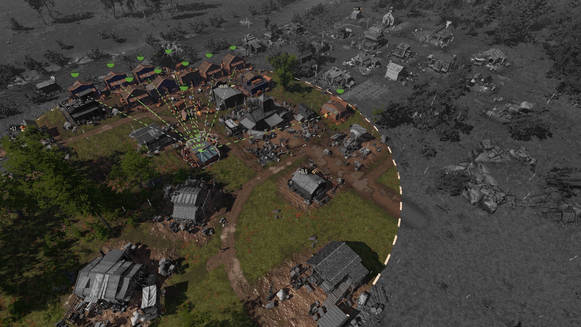 A broad Wild West Pioneers landscape with open plains and a mountain town.