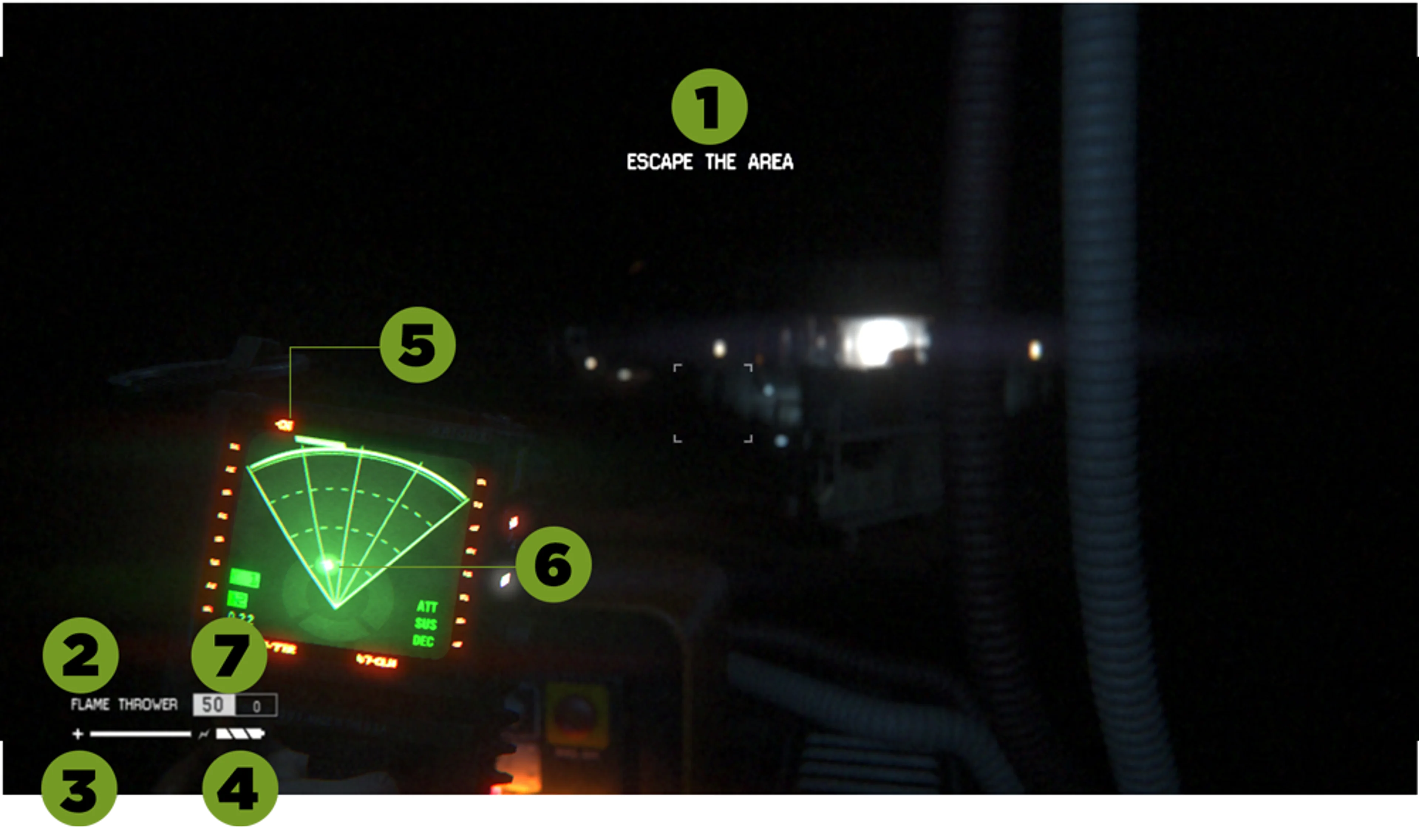 Official Alien: Isolation game-screen diagram with a bright objective update at the top and green tracker held at lower left; numbered callouts 1, 5 and 6 identify the objective text, direction and motion area.
